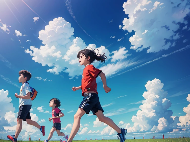 June 1 Children's Day, boys and girls running back, the sky has blue sky, dreamy clouds, 8K, surrealism