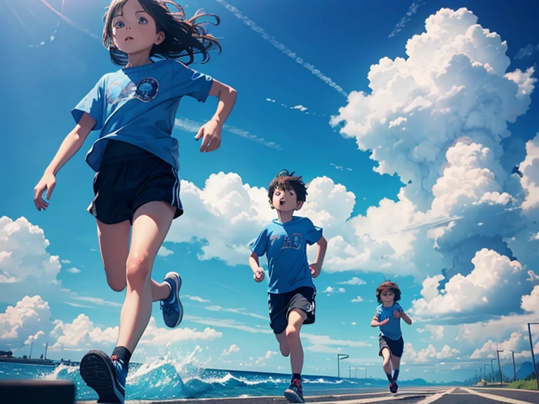 June 1 Children's Day, boys and girls running back, the sky has blue sky, dreamy clouds, 8K, surrealism