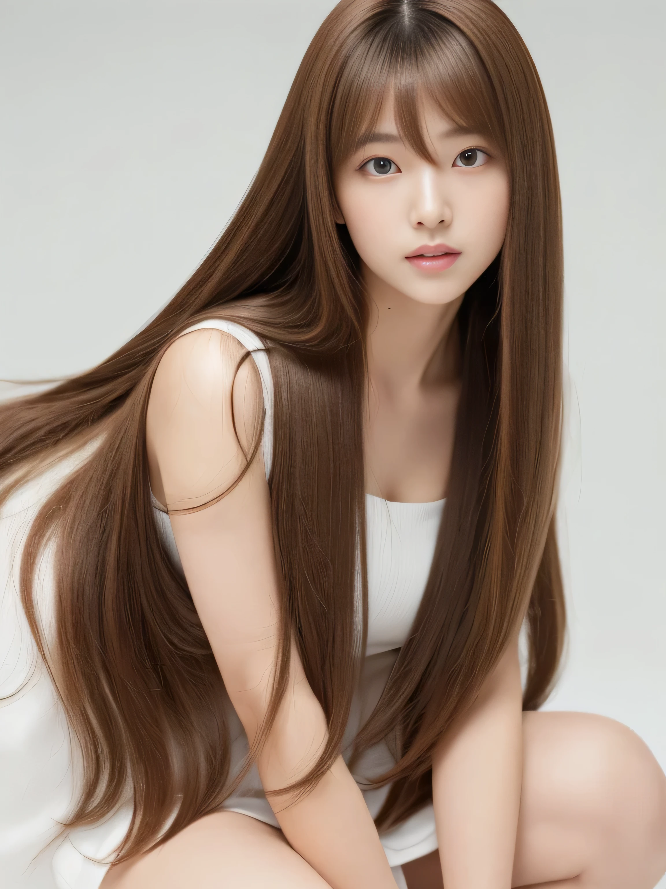(Upper body shot of a woman making random sexy poses on a white bed) ((Beautiful 24 year old hair model with long light brown hair fell straight down Reaches up to the kneeVery long hair highest quality Highest detail Reaches up to the knee、Very long hair that lasts forever:1.3 Flowing hair 私ncredibly straight hair Very shiny そして thick hair Abnormally long hair that lasts forever Flowing Hair on both ends long hair up to the knees:1.2 long hair up to the knees:1.2 Thick and shiny hair Very free hair Abnormally long hair!!!!! Beautiful silky hair Beautiful and shiny hair Beautiful and shiny hair Beautiful silky hair Hair that grows to the knees Very very, Very long hair!!!!! Very very, Very long hair!!!!!)) (highest quality The best ultra-fine Reaches up to the knee、Very long hair that lasts forever Flowing hair Her hair is gently permed Very shiny そして thick hair Abnormally long hair that lasts forever Flowing Hair on both ends long hair up to the knees:1.2 long hair up to the knees:1.2 Thick and shiny hair Very free hair Abnormally long hair!!!!! Beautiful silky hair Super long hair down to the knees Beautiful and shiny hair Beautiful and shiny hair Beautiful silky hair Hair that grows to the knees Very very, Very long hair!!!!! Very very, Very long hair!!!!!)) (Her bangs are perfectly styled、Straight down.:1.3) ((Her hair color is light brown:1.5)) (Pure white wall background Pure white bed) (Japan'The sexiest and most beautiful 24 year old hair model) (She looks at the viewer with a very captivating expression........) ((highest quality)), ((masterpiece)), (Familiar) (Get used to it) Perfect Face (Her skin is a typical Japanese skin color.. And very detailed) (Big Breasts:1.3) (She is wearing a shiny white camisole.) (She has a beautiful face and a typical Japanese figure...., Narrow eyes) (She has perfect 美しい and sexy makeup and face Lipstick is light red A solid eyeliner) ((Rich 1.4)) (Extremely detailed 8K) (Ultra-fine skin texture 1.4) (Actual, Vibrant:1.4), double eyelid Sharp focus:1.2、Beautiful woman:1.4 Dynamic Lighting (Genuine RAW photos taken by professional photographers) Professional Hair Shine. (She has a bright and cheerful face) (Her face is slim and dignified.., length, Narrow eyes..々Nice face)