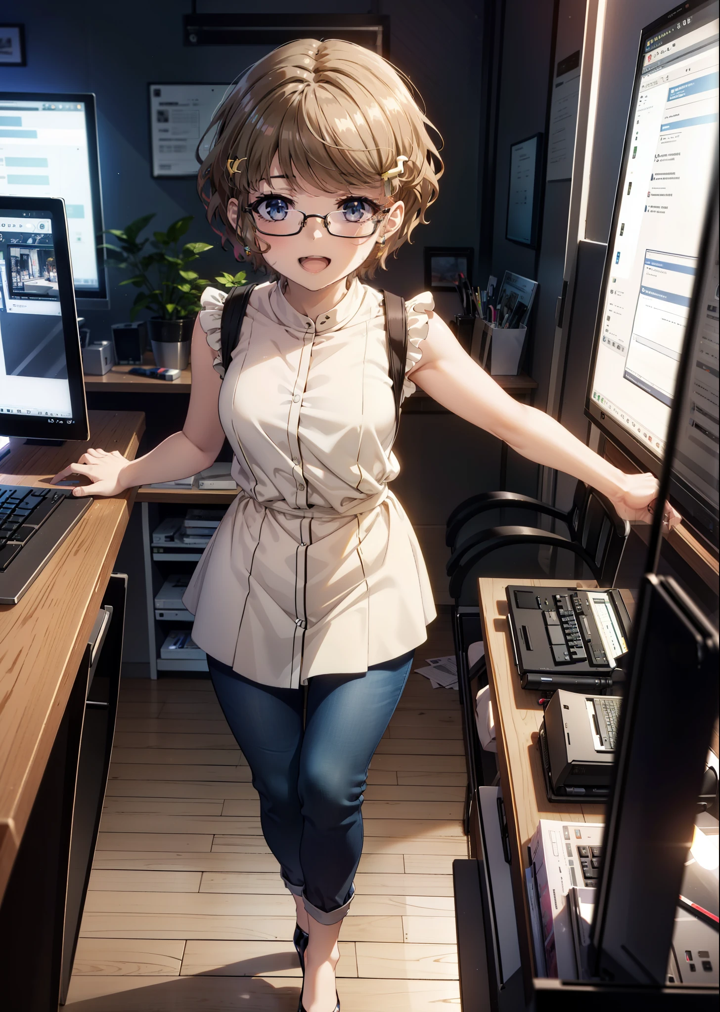tomoekoga, Chie Koga, short hair, Brown Hair, blue eyes, Hair Clip,Sleeveless dress,skinny pants,Stiletto heels,Black-rimmed glasses,happy smile, smile, Open your mouth,walking,whole bodyがイラストに入るように,Daytime,Clear skies,There is a computer on the table,
break indoors, office,
break looking at viewer, whole body,
break (masterpiece:1.2), highest quality, High resolution, unity 8k wallpaper, (figure:0.8), (Beautiful fine details:1.6), Highly detailed face, Perfect lighting, Highly detailed CG, (Perfect hands, Perfect Anatomy),