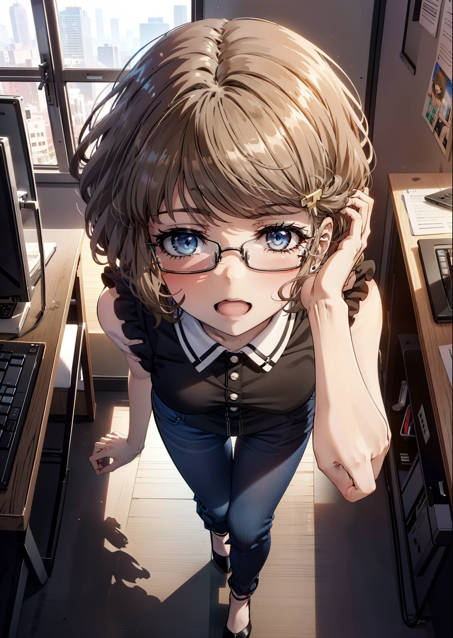 tomoekoga, Chie Koga, short hair, Brown Hair, blue eyes, Hair Clip,Sleeveless dress,skinny pants,Stiletto heels,Black-rimmed glasses,happy smile, smile, Open your mouth,walking,whole bodyがイラストに入るように,Daytime,Clear skies,There is a computer on the table,
break indoors, office,
break looking at viewer, whole body,
break (masterpiece:1.2), highest quality, High resolution, unity 8k wallpaper, (figure:0.8), (Beautiful fine details:1.6), Highly detailed face, Perfect lighting, Highly detailed CG, (Perfect hands, Perfect Anatomy),