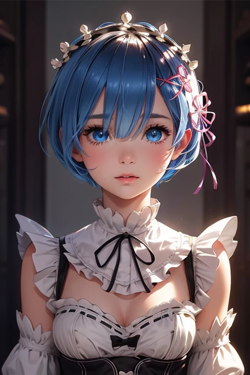 Masterpiece, best quality, best illustration, HDR, beautiful details, intricate details, detailed scenery, dramatic light, best shadow. Mansion, maid, (natural elements), break 1 girl, Rem, short blue hair, hair bow, blue eyes, parted pink lips, (beautiful and detailed face with perfect symmetry), elegant clothes, (body with perfect anatomy, perfect natural texture, glowing skin, high details), cinematic lighting, vivid colors, detailed illustration, depth of field.