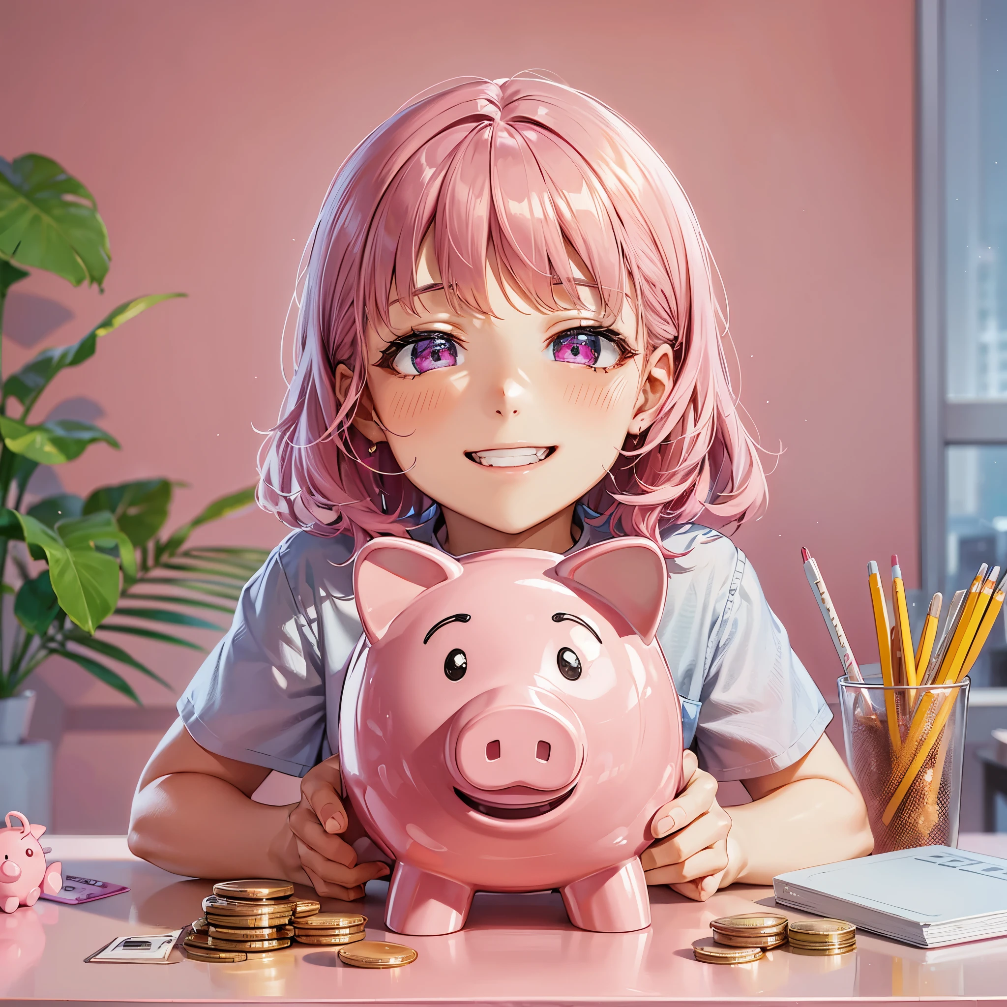 Top quality, masterpiece, 8K, pink piggy bank on pink table, young girl putting money in piggy bank, short pink hair, pink t-shirt, pink eyes, smiling, pencil and notebook on table, 3 coins on table, pink glasses