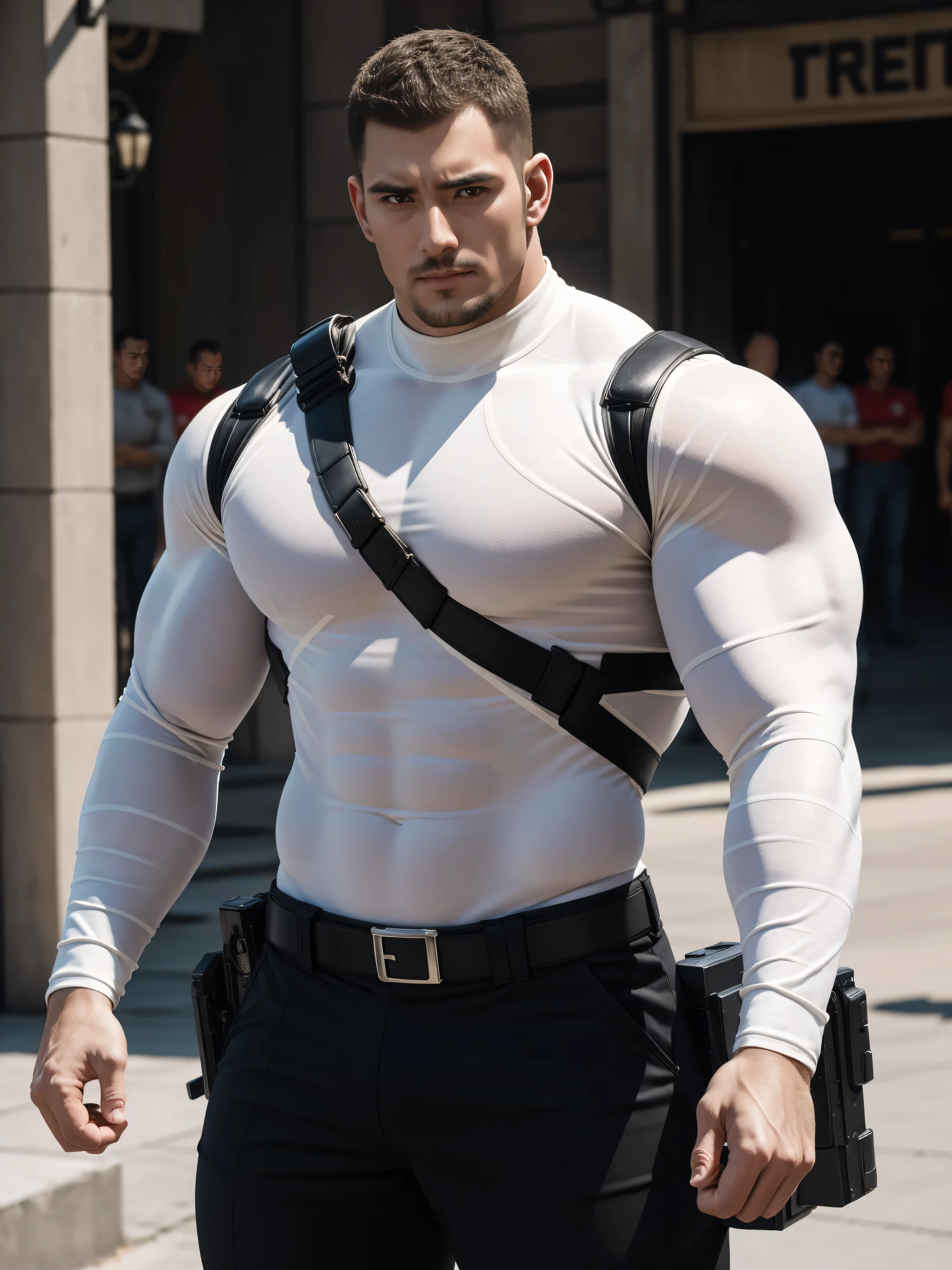 Angry super muscular man,  Buzz Cut，On the old-style outdoor street under the hot sun, Wear a long-sleeved cream superhero bodysuit, Thickened warm elastic texture，The fleece texture of the clothes is very thick，The expression is arrogant, Thick thighs, Messy hair, Thick thighs, High collar, long sleeve, cream white superhero bodysuit, very tight, Regular symmetrical pattern, Highlight muscles, Police uniform pants, character concept（Resident Evil - Chris Redfield, Chris Redfield）A proud expression, Deep and charming eyes, Heroic male pose, tall Burly, muscular！muscular thighs, tough guy, perfect facial features, High, Burly, Heqiang, Super polished and cool, High Resolution Committee, Charismatic, The sun is blazing, dazzling