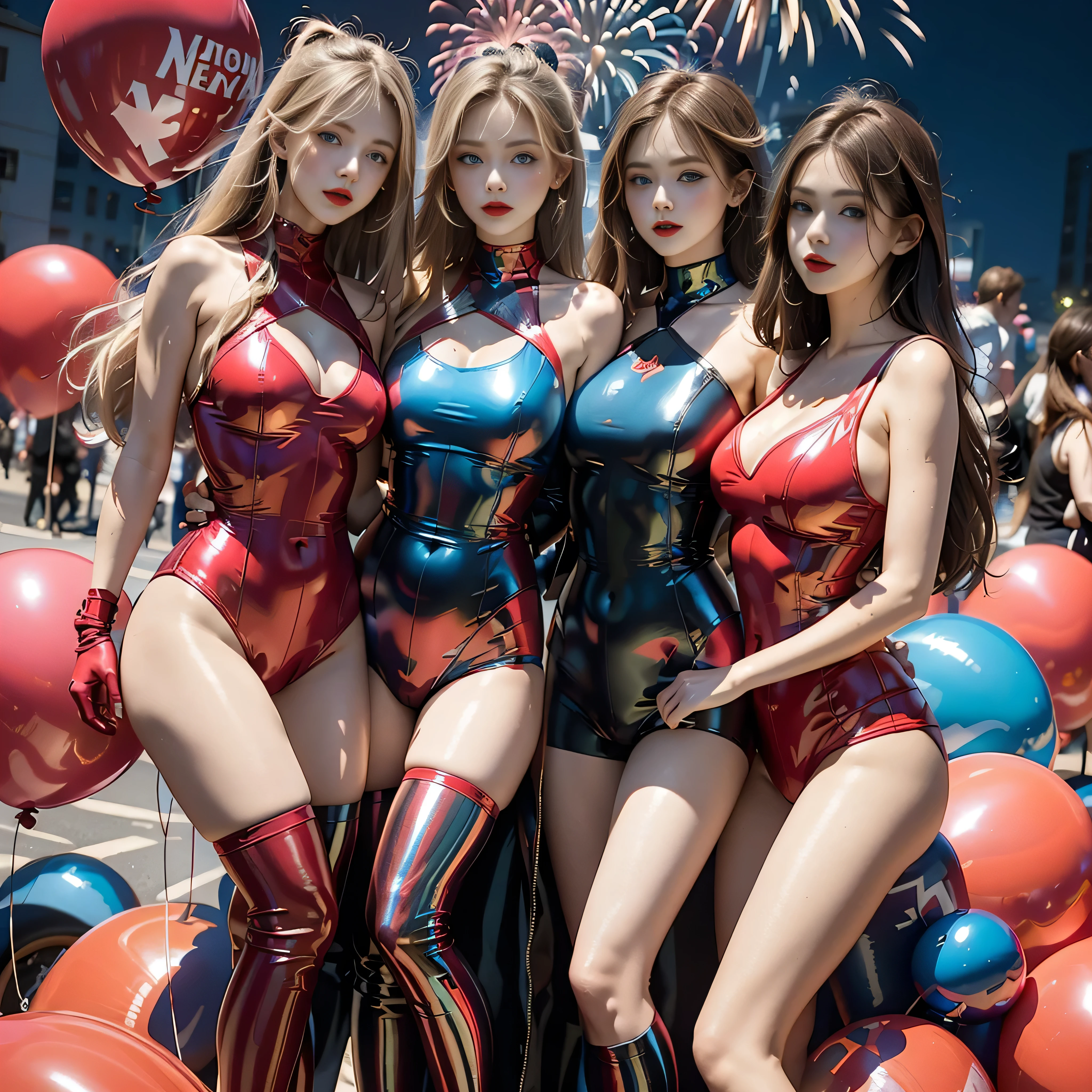 (masterpiece, best quality: 1.2), RAW image quality, three girls, alone, the most beautiful and perfect face, intense blue eyes, perfect red lips, sideways to the viewer, fireworks, large number of colored balloons metallic.