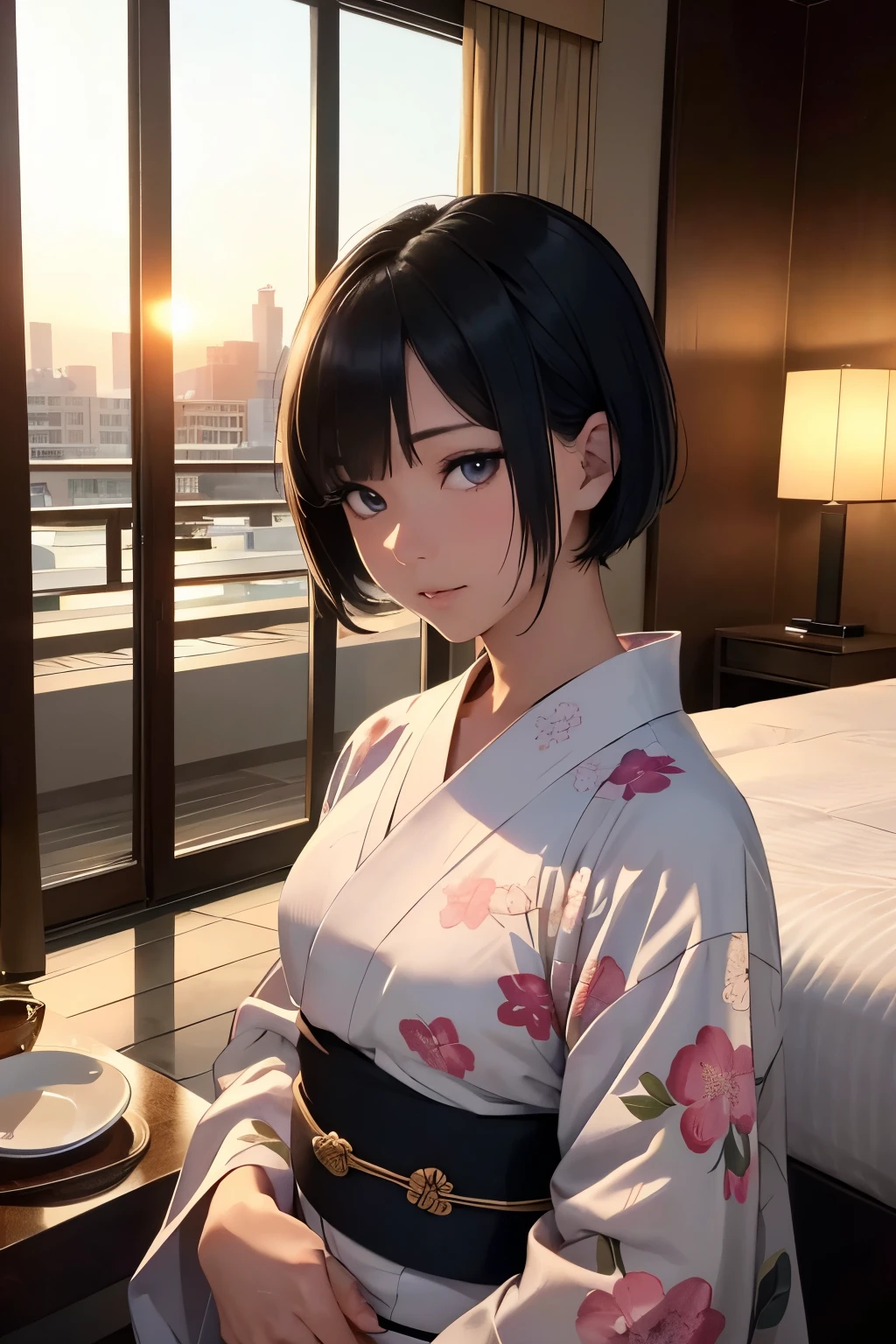 UHD, masterpiece, textured skin, super detail, high details, high quality, award winning, (perfect eyes), best quality, HD, upper body shot, perfect eyes, (1Gir, Beautiful, short black hair, athletic, wearing one yukata, (looking at POV)), (In a hotel room at sunset)