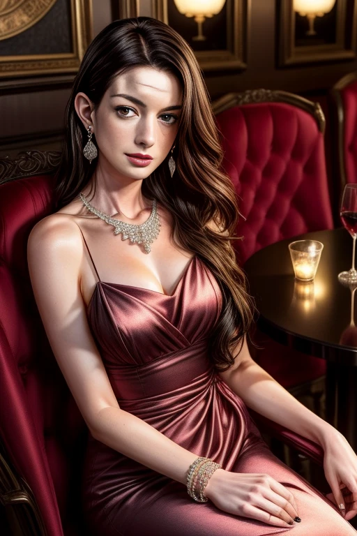 Anne Hathaway, perfect symmetry detailed face, black hair, wearing a long pink evening dress in a high-class restaurant, sitting on a chair, earrings, necklace, ring, bracelet,