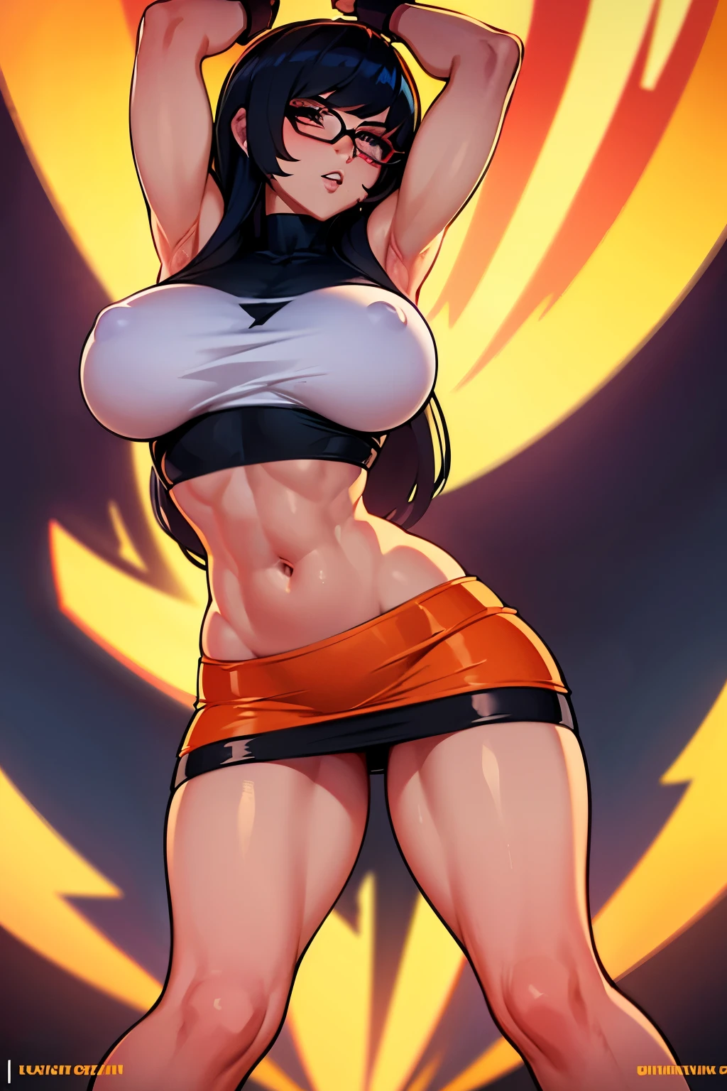 Velma Dinkley on hands and knees, wearing crop top and mini skirt with slits at hip, huge bussom, puffy nipples, haunted setti g, 8k resolution, masterpiece, shiny skin, dynamic lighting, cinematic perspective