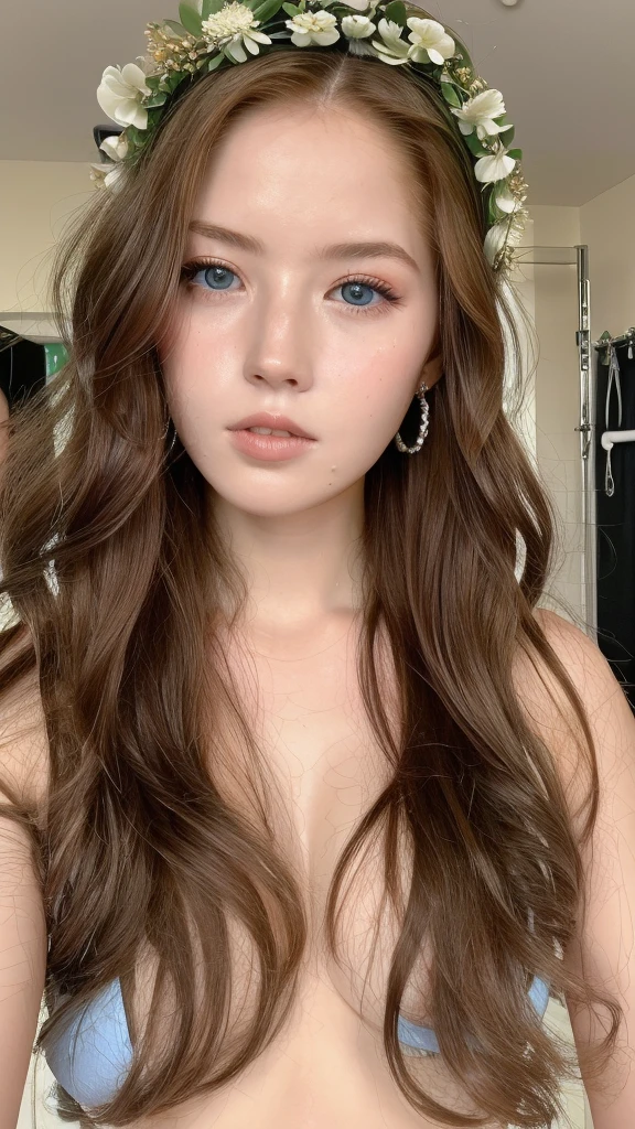 Beautiful handsome woman, ((top quality, 8k, masterpiece:1.3)), pretty woman, huge breasts:1.3, slender figure:1.1, elastic red long hair, (shower, wet body, wet clothes:1.1), very detailed face, detailed lips, detailed eyes, double eyelids, detailed blue eyes, extremely detailed outstanding blue eyes, red hair, red hair, naked ass, huge round earrings, tattoo on the chest, slight smile, detailed flower wreath on her head, gym space, gym equipment behind