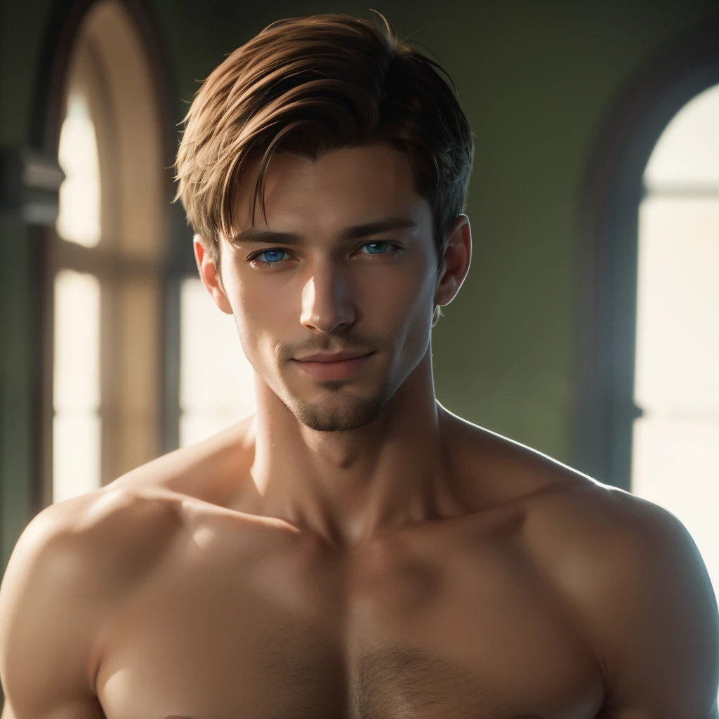 photo of a stunningly handsome man, 20 years, Blue eyes, short hair, Brown hair, full height, naked torso, photorealistic, Best quality, detailed, 8K, HDR, cinematic lighting, sharp focus, short hair, looks at the camera, smiling, slight smile, on a green background