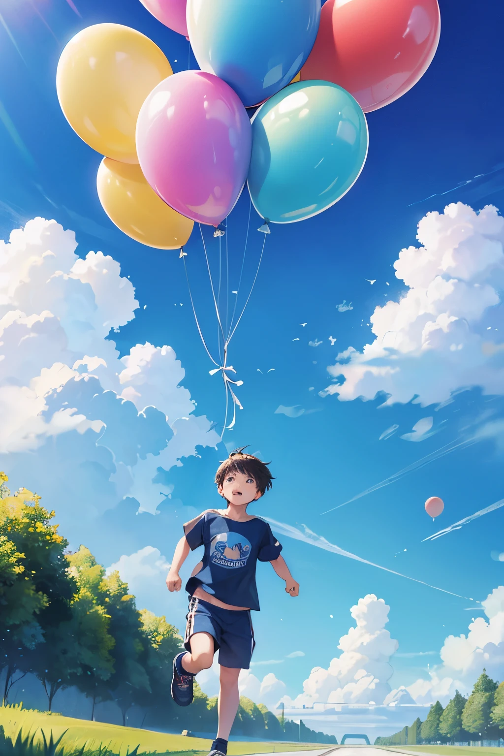 June 1 Children's Day, boys and girls running back, the sky has blue sky, dream clouds, dream balloons, 8K, surrealism