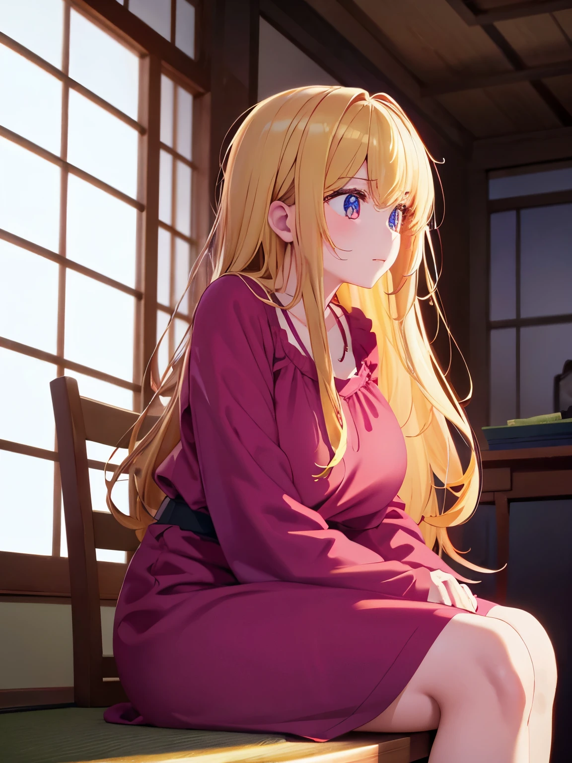 1woman,Sitting,Center forward, facing right, camera angle from the side, photo from the side, looking away,in Japanese house, night, stunning,half body photo, very detailed face,cute,,HD face, perfect face,Red nightgown,Very big breasts,Blonde hair,blonde hair,bangs,long hair,wavy hair,ultra detail,ultra Hd, masterpiece,4k