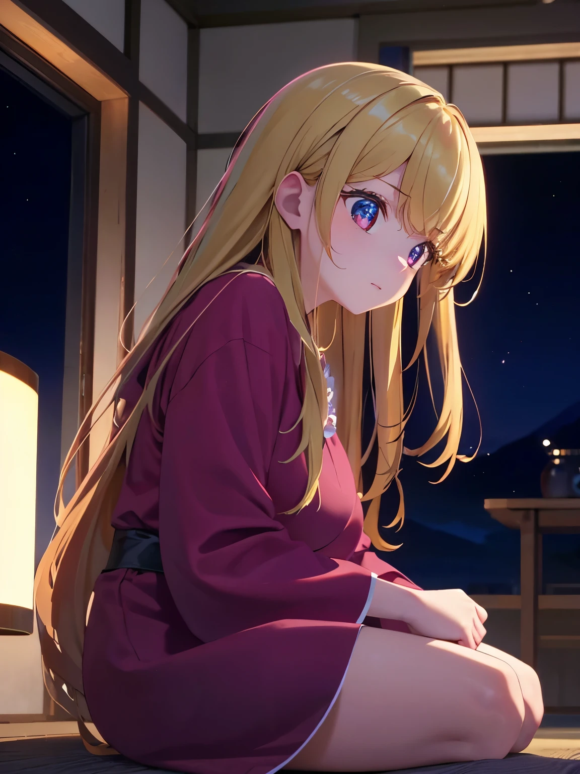 1woman,Sitting,Center forward, facing right, camera angle from the side, photo from the side, looking away,in Japanese house, night, stunning,half body photo, very detailed face,cute,,HD face, perfect face,Red nightgown,Very big breasts,Blonde hair,blonde hair,bangs,long hair,wavy hair,ultra detail,ultra Hd, masterpiece,4k
