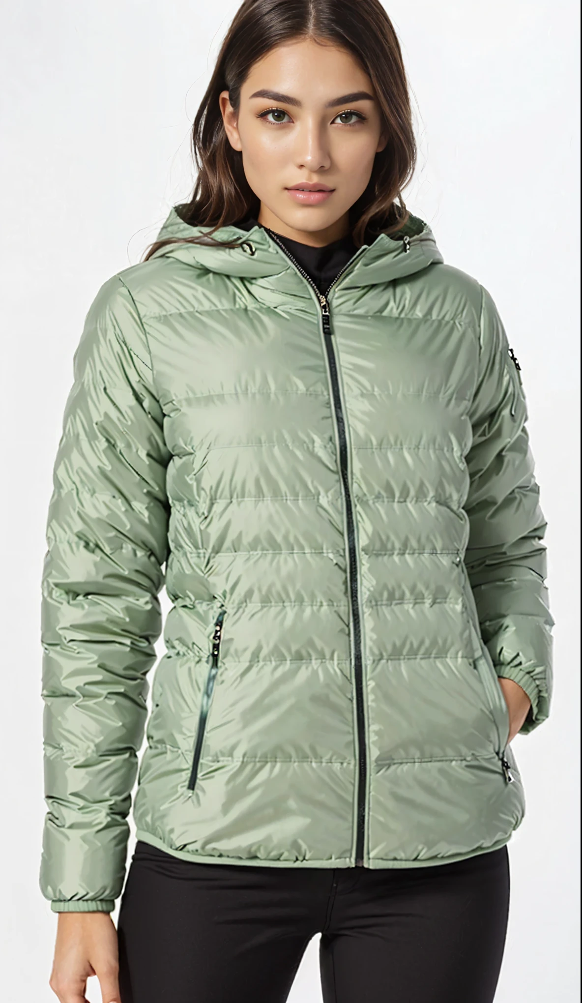 a woman wearing a green jaqueta and black pants, model wears a puffer jaqueta, puffer jaqueta, encapuzado, casaco reflexivo inchado, sage green, frio como gelo! 🧊, reflective puffer jaqueta, green colored bomber jaqueta, verde oliva, jaqueta, characteristics, com dois bolsos frontais, 3 pieces, casaco para uma rave, casaco tufo