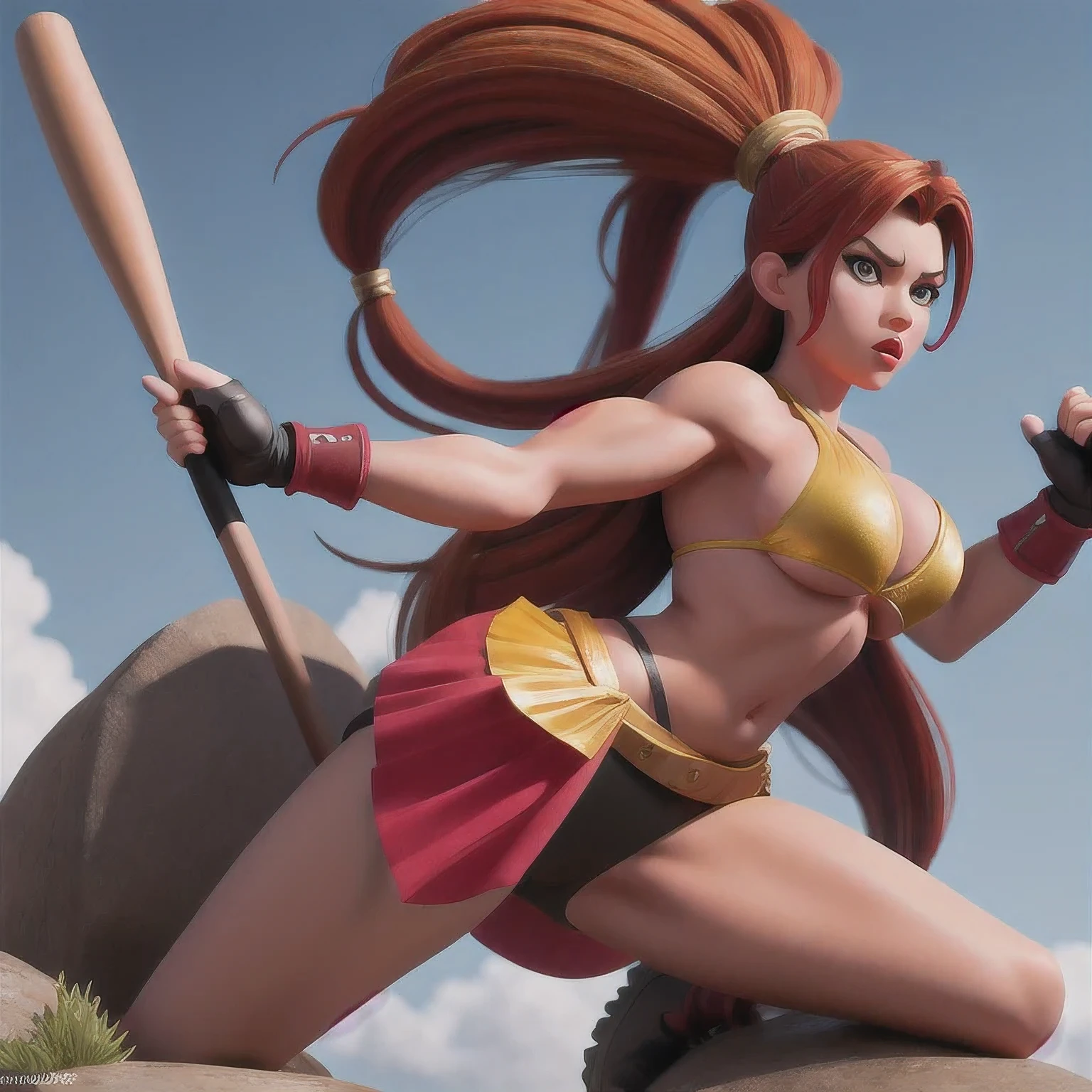 arafed college student in a bikini holding a baseball bat on a rock, muscular warrior women, unreal engine render + a goddess, fighter pose, badass pose, muscular sweat lara croft, fight pose, hot fire giantess, heroic muay thai stance pose, cinematic goddess body shot, akali from league of legends, dramatic powerful pose, fantasy style 8 k octane render(((perhaps))) sky,Degenerator