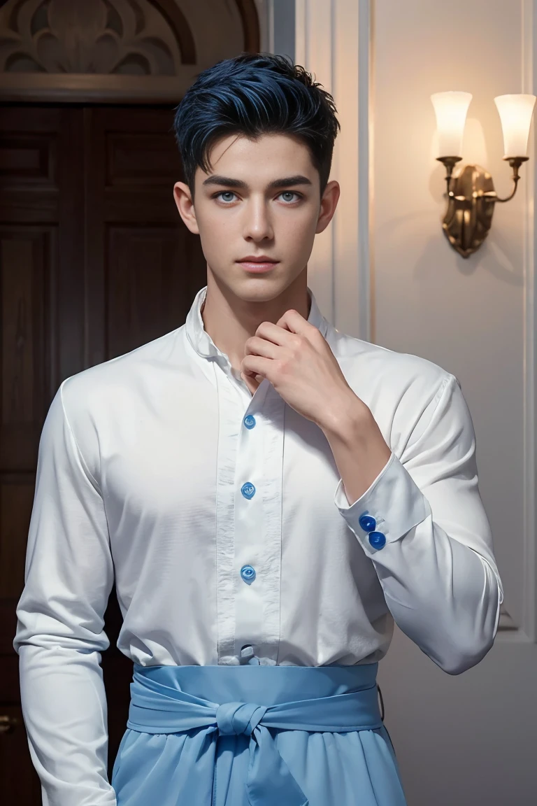 ((masterpiece)),((best quality)),8K,High Detail,Very detailed, 2 handsome muscular boys,Very masculine,blue eyes,Stylish short hair,Fairy appearance,neutral expression, Fashion pose, Real skin texture, Perfect and realistic hand details,light,
Royal blue style couple,Photos of white male models