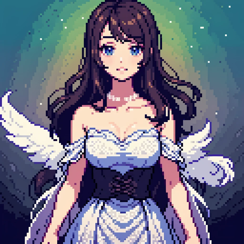 A beautiful white lace dress, intricate pixel art style, ethereal and delicate, shimmering lace textures, delicate floral patterns, soft lighting, pastel color palette, dream-like atmosphere, highly detailed, elegant and whimsical, masterpiece, 8k, photorealistic