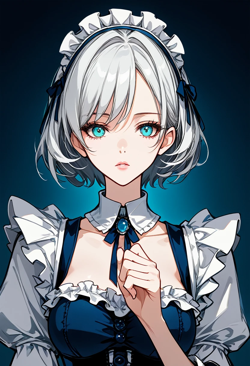 Mature woman, short hair, bob hair, white hair, mature face, hot face, azure eyes, curvy body, glossy lips, expressionless face, (maid headdress), bowing down politely, (victorian maid clothes), front view