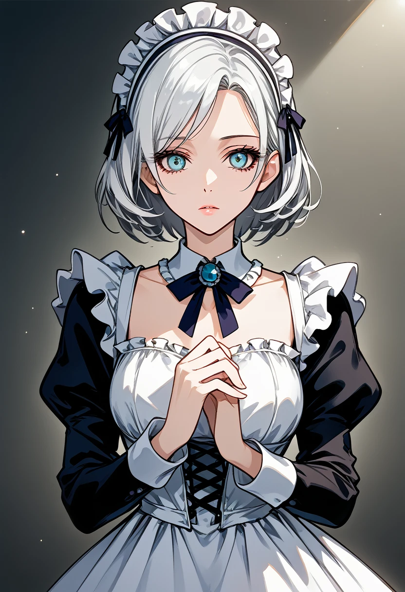 Mature woman, short hair, bob hair, white hair, mature face, hot face, azure eyes, curvy body, glossy lips, expressionless face, (maid headdress), bowing down politely, (victorian maid clothes), front view