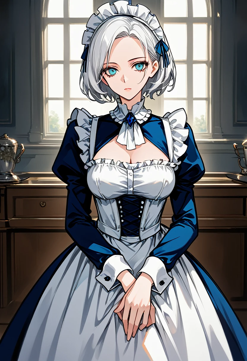 Mature woman, short hair, bob hair, white hair, mature face, hot face, azure eyes, curvy body, glossy lips, expressionless face, (maid headdress), bowing down politely, (victorian maid clothes), front view