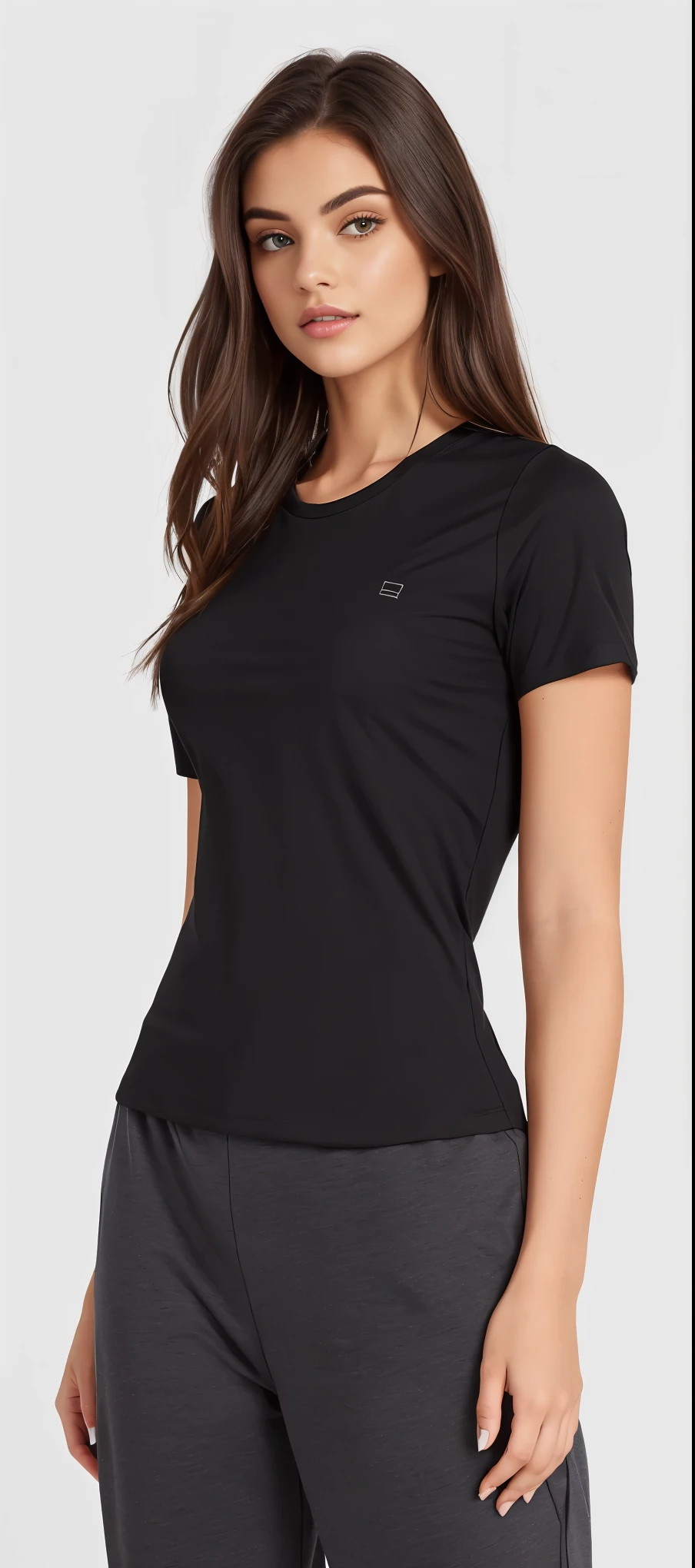 a woman in a preto top and grey pants, wearing a preto t-shirt, preto t - shirt, preto t-shirt, wearing preto tshirt, preto t shirt, preto shirt, wearing a preto tshirt, camisa apertada, preto top, wearing a preto shirt, wearing camisa apertada, vestindo roupas simples e justas, preto, casual preto clothing, basic, Manga curta