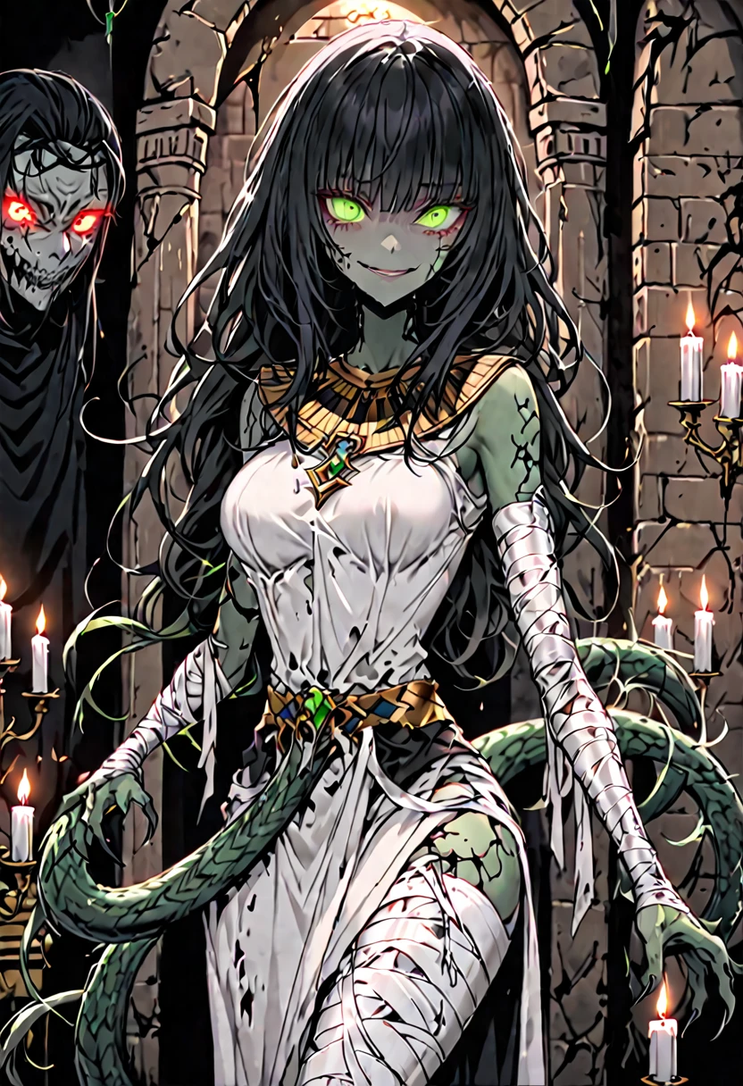 solo, female, sfw, tangled hair, messy hair, long black hair, decay, sickly skin, ((prominent veins)), pulsating veins, undead, glowing eyes, green eyes, statuesque build, unnatural twisting, large breasts, narrow hips, claws, elongated arms, thick tail, serpentine tail, barbed hook tail, dark aura:0.5, alluring, Egyptian, curtain, tomb, candles, indoors, ghoul, ((white bandages)), seriously decaying, yandere smile, ((sickly face))
