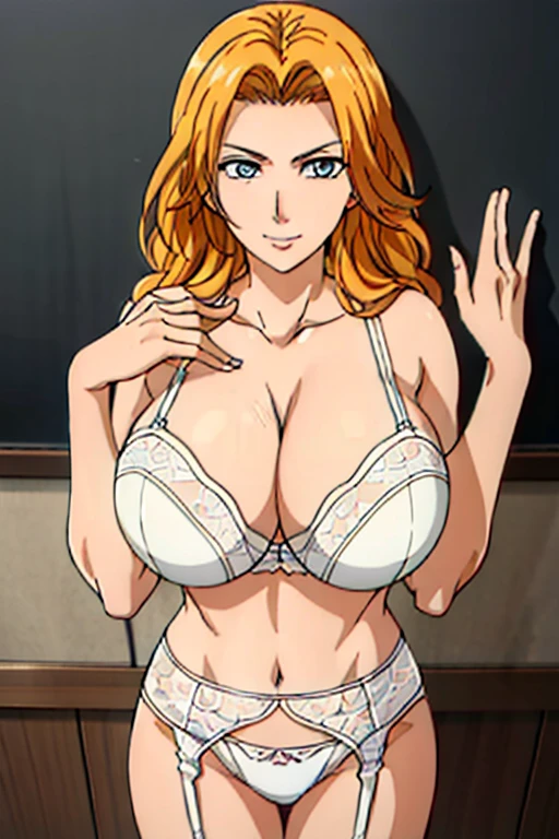 (Kabedon POV : 1.3), bare shoulder, white lace bra, white lace panties, white garter belt, luxury bedroom background, matsumoto rangiku, anime cels style, best quality, high resolution, (huge breasts:1.3), cowboy shot, (potrait body), blue eyes, Blonde hair, bangs, Long hair, 1 girl, looking at viewer, beautiful face, Beautiful Finger, Beautiful long legs, Beautiful body, Beautiful Nose,Beautiful character design, light smile
