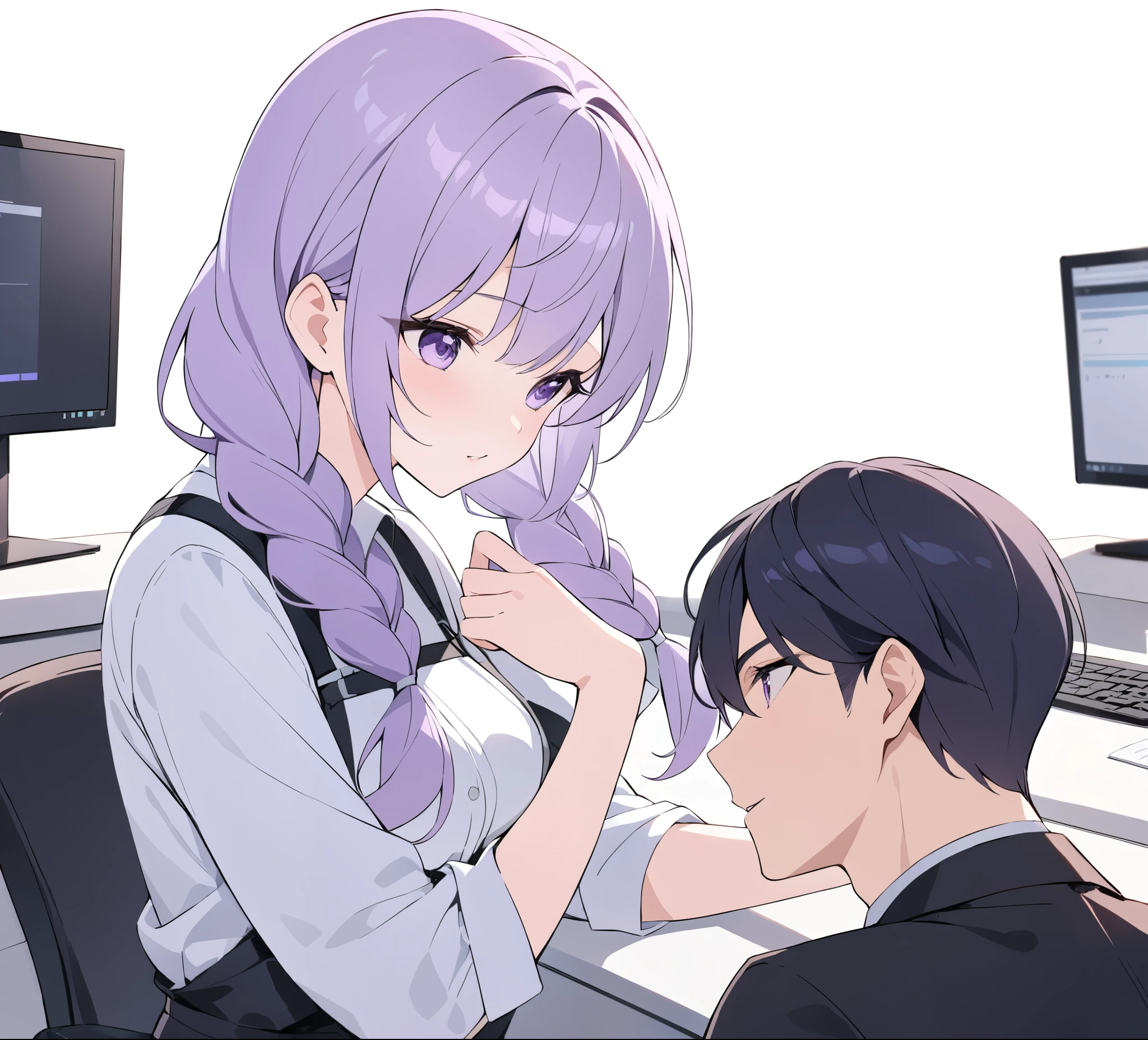 A captivating illustration portraying a blossoming romance between a man and a woman((1 male, 1 woman with purple and white gradient double braids)) in the office. The art form resembles a subtle and sophisticated digital painting, capturing the nuances of their relationship. The scene is set in a modern office space, with sleek desks, computers, and a backdrop of bustling professionals. The man and woman are seated close to each other, engrossed in a heartfelt conversation. Their body language exudes warmth and familiarity, hinting at their connection. Soft, natural lighting fills the room, creating a warm and inviting atmosphere. The overall result is a tender depiction of an office romance, showcasing the delicate balance between work and love in a professional setting.