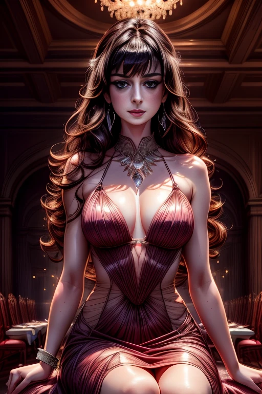 Anne Hathaway, perfect symmetry detailed face with a beautiful sensual smile, black hair with bangs, wearing a long pink evening dress in a high class restaurant, sitting on a chair, earrings, necklace, ring, bracelet,