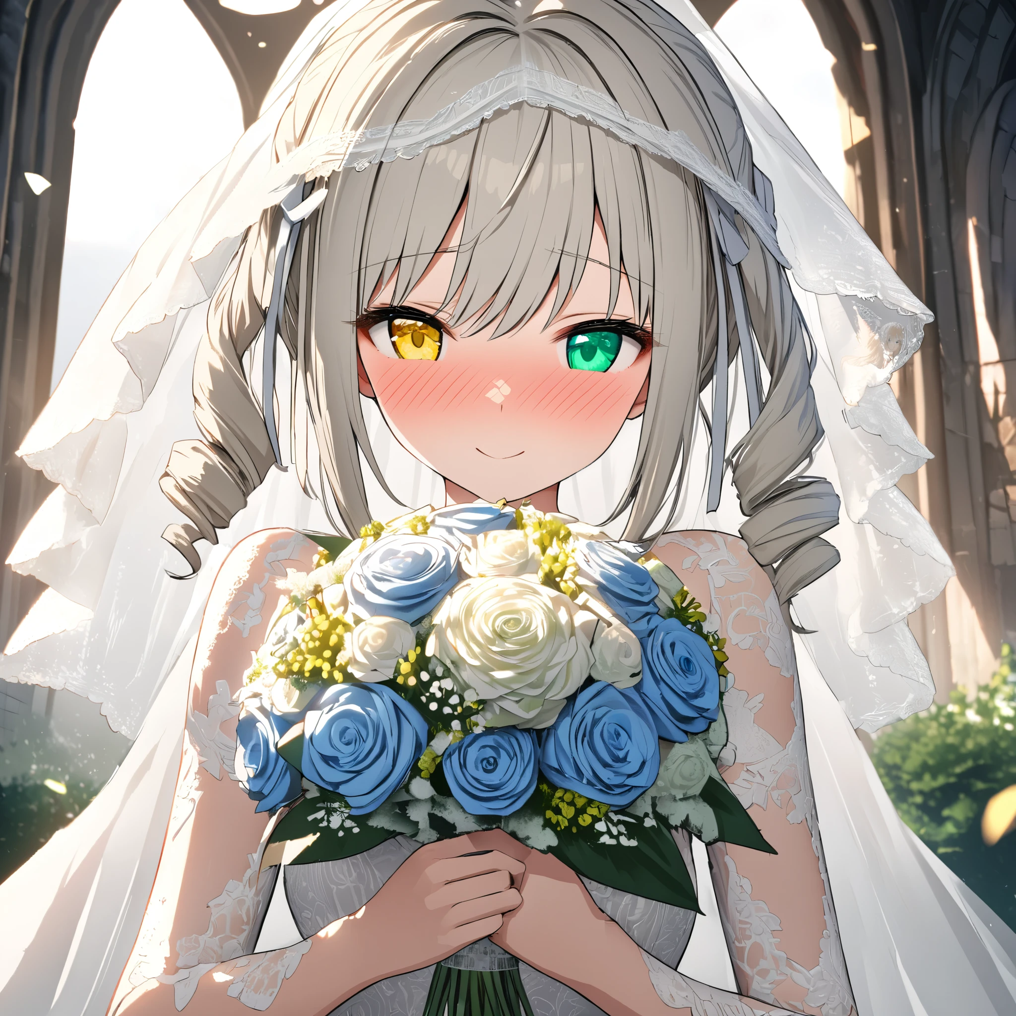 (((master piece Highest quality ultra detailed,Unity 8k))),,(((twin drill))),(((white lace))),(((white lace wedding dress lace wedding veil))),bouquet,Whitechurch,june bride,white hair ribbon,light blonde,medium hair,white lace,heterochromia green eye yellow eye,(illusion effect:1.4),The sun shines,(Smiling Embarrassed),very mystical ambiance,(cowboy shot)