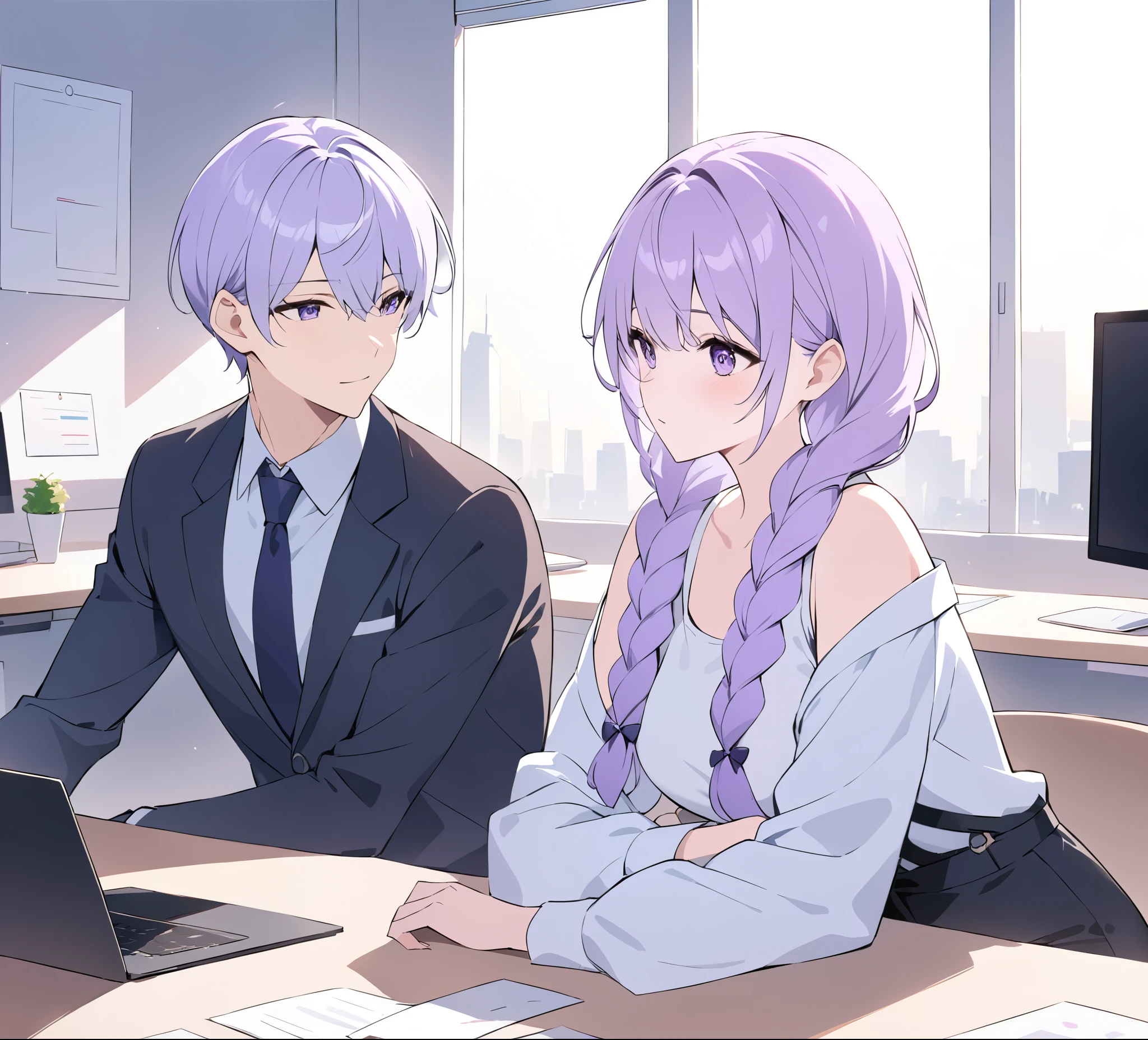 A captivating illustration portraying a blossoming romance between a man and a woman((1 male, 1 woman with purple and white gradient double braids)) in the office. The art form resembles a subtle and sophisticated digital painting, capturing the nuances of their relationship. The scene is set in a modern office space, with sleek desks, computers, and a backdrop of bustling professionals. The man and woman are seated close to each other, engrossed in a heartfelt conversation. Their body language exudes warmth and familiarity, hinting at their connection. Soft, natural lighting fills the room, creating a warm and inviting atmosphere. The overall result is a tender depiction of an office romance, showcasing the delicate balance between work and love in a professional setting.