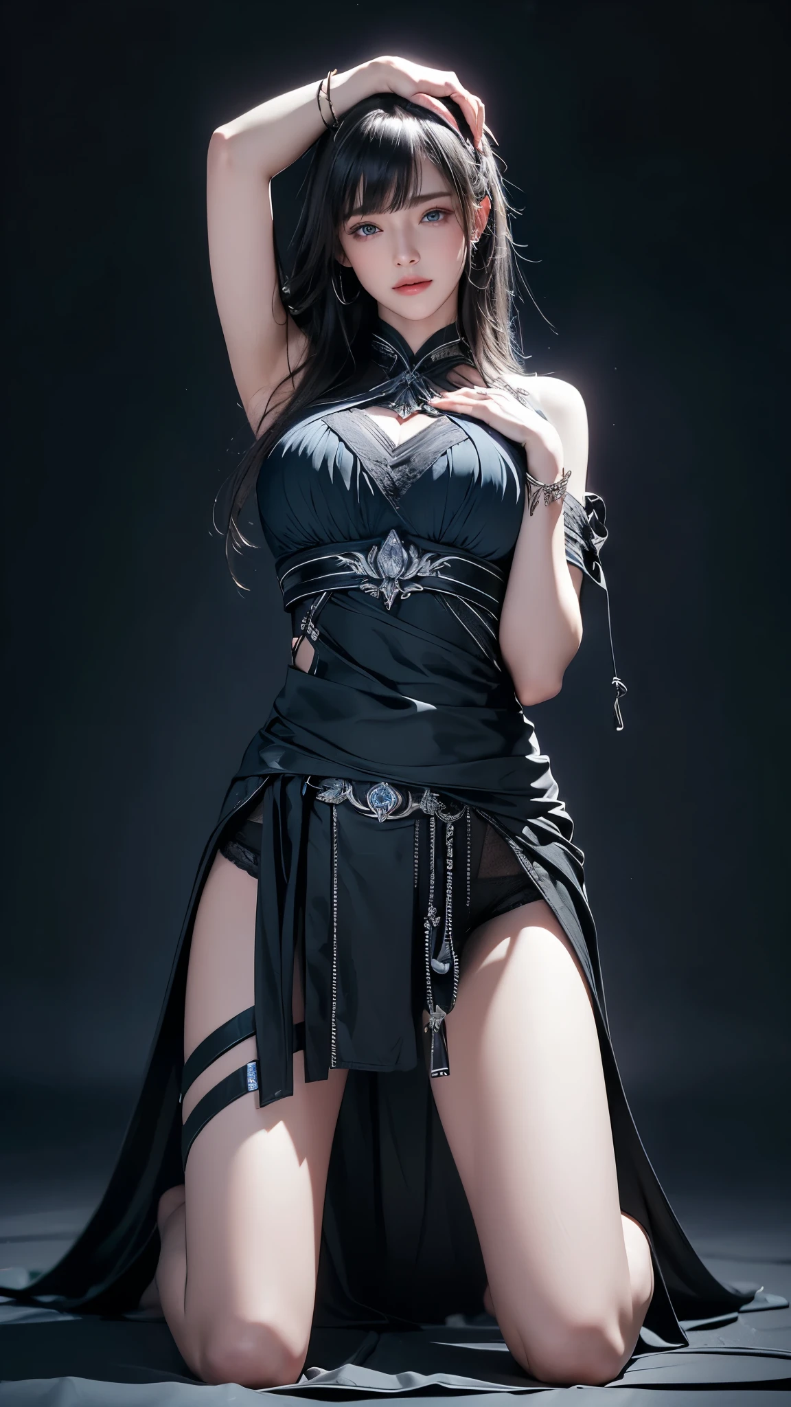 masterpiece, highest quality, Super detailed, Facing the camera, 複雑に詳細なSuper detailed, Realistic, Sharp features, Very detailed, Sharp focus, Perfect Face, Perfect symmetrical perfect eyes, Perfect Plump Lips, Flexible female form, Cinematic, Film Light, Super detailed, hyper Realistic, masterpiece, Atmospheric, High resolution, Vibrant, Dynamic Studio Lighting, ((Dark Background)), The expression when enduring pleasure, Straight bangs, blue eyes,Sexually aroused expression、Her black thong shorts are visible through the fabric、(((Fold your hands above your head、Kneeling)))