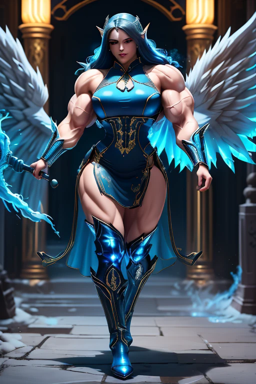 (((Massive, beautiful, buff, pale white skinned, muscular woman with royal blue hair, black lipstick, glowing white eyes, huge angel wings, ginormous bulky muscles and wearing a beautiful long black futuristic armored cheongsam dress))), {close view}, massive muscles, massive biceps, huge angel wings, hyper muscle triceps, (long curly wavy hair), white eyes, beautiful long cheongsam dress, gauntlets, high heels boots, in a sea of blue flames, surrounded by blue fire, night, smirk, hyper muscles arms, hyper muscle legs, massive arms.