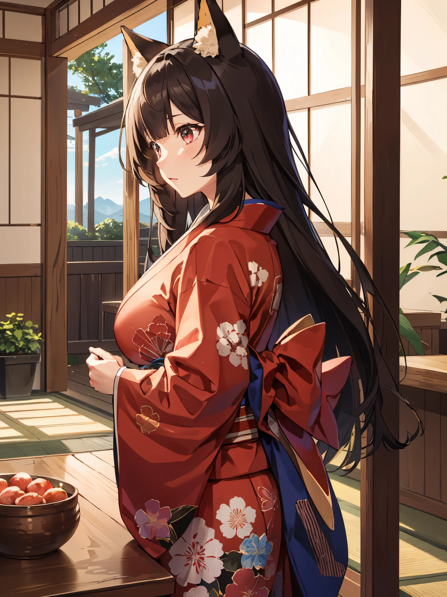 (Best quality), (extremely detailed CG Unity 8k wallpaper), (very detailed), ((absurdity)), Detailed beautiful eyes,
Raphtalia, Red eyes, black hair, fox tail, fox ears, 1 girl, Wearing kimono, red kimono, big breast,Sit facing right,camera angle from the side, photo from the side, looking away, looking away,at night, Japanese house