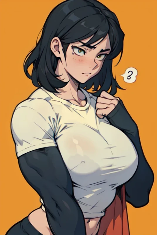 sad girl muscular muscular muscular breasts breasts breasts thick thick thick thick black hair yellow eyes pale skin pale skin thick thick thick long sleeve dark atmosphere thick thick thick thick thick thick muscular simple background sad sad sad sad tigth shirt