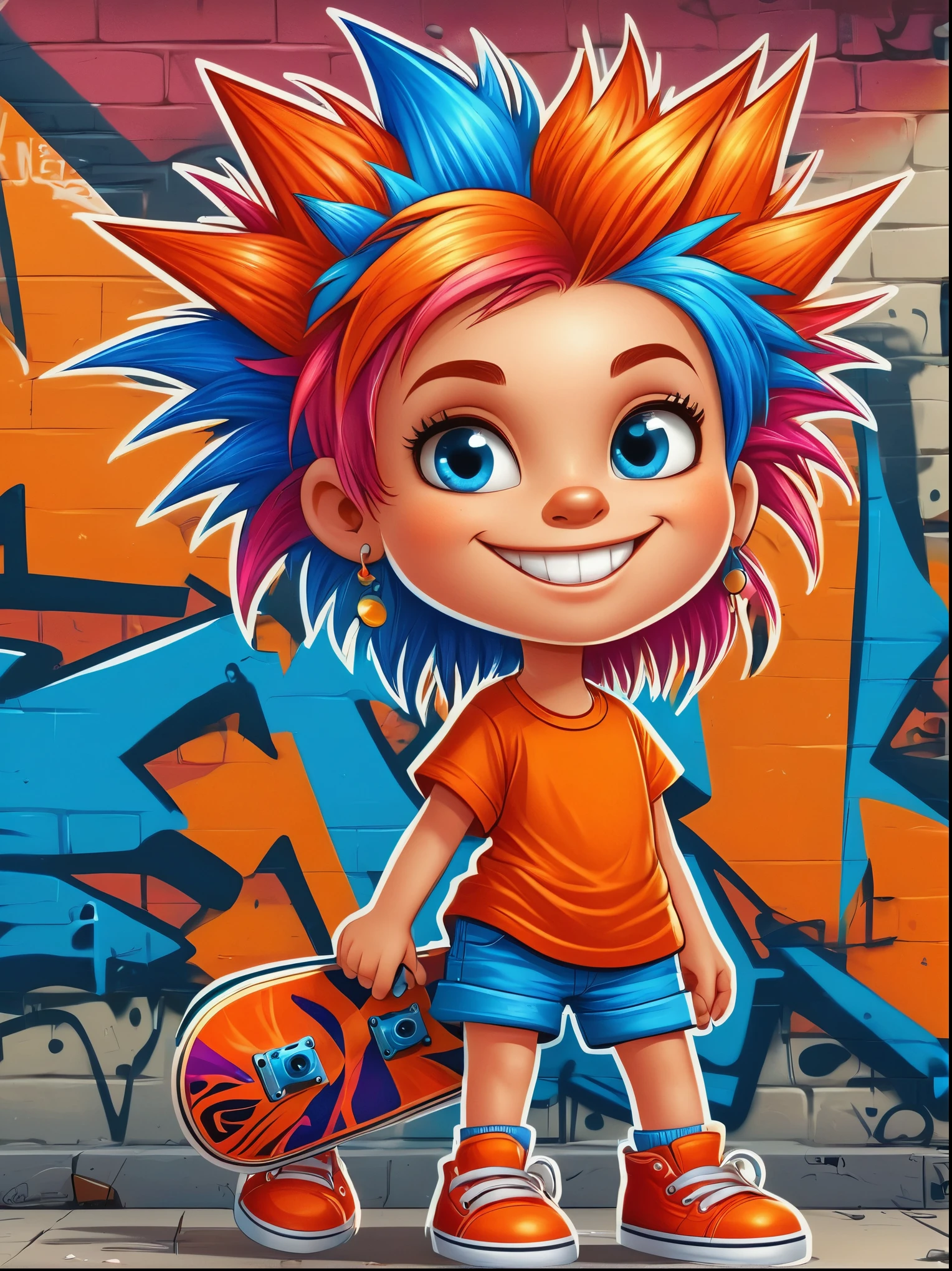 A cartoon doodle character，Vector illustration，A sweet and lovely ***********，With spiky, brightly colored hair，Unique and wild style，Wearing orange T-shirt，Blue shorts and red shoes, She often has a mischievous smile，And stir up trouble in the nameless town, She was known for her skateboarding skills and nonchalant attitude, Standing in front of a graffiti style background，Adds whimsy to the scene, 1xhsn1