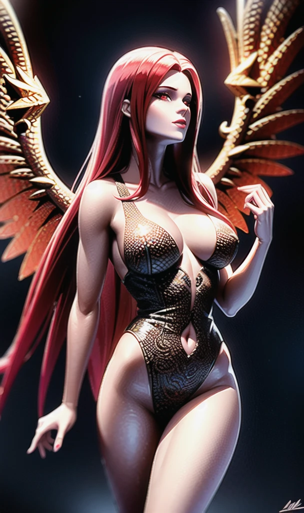 a beautiful female fallen angel with scarlet red hair, glowing eyes, divine angelic wings, 1girl, intricate detailed face, detailed eyes, detailed lips, hyper detailed, masterpiece, 8k, photorealistic, cinematic lighting, dramatic chiaroscuro, dark moody colors, dramatic atmosphere, ornate baroque style, ethereal fantasy, dramatic lighting, divine radiance