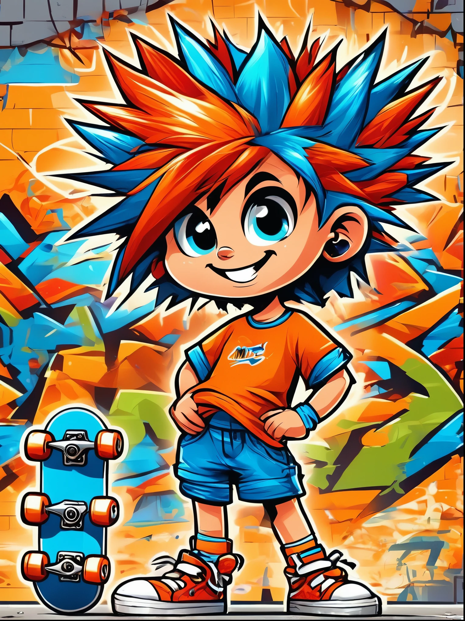 A cartoon doodle character，Vector illustration，A sweet and lovely ***********，With spiky, brightly colored hair，Unique and wild style，Wearing orange T-shirt，Blue shorts and red shoes, She often has a mischievous smile，And stir up trouble in the nameless town, She was known for her skateboarding skills and nonchalant attitude, Standing in front of a graffiti style background，Adds whimsy to the scene, 1xhsn1