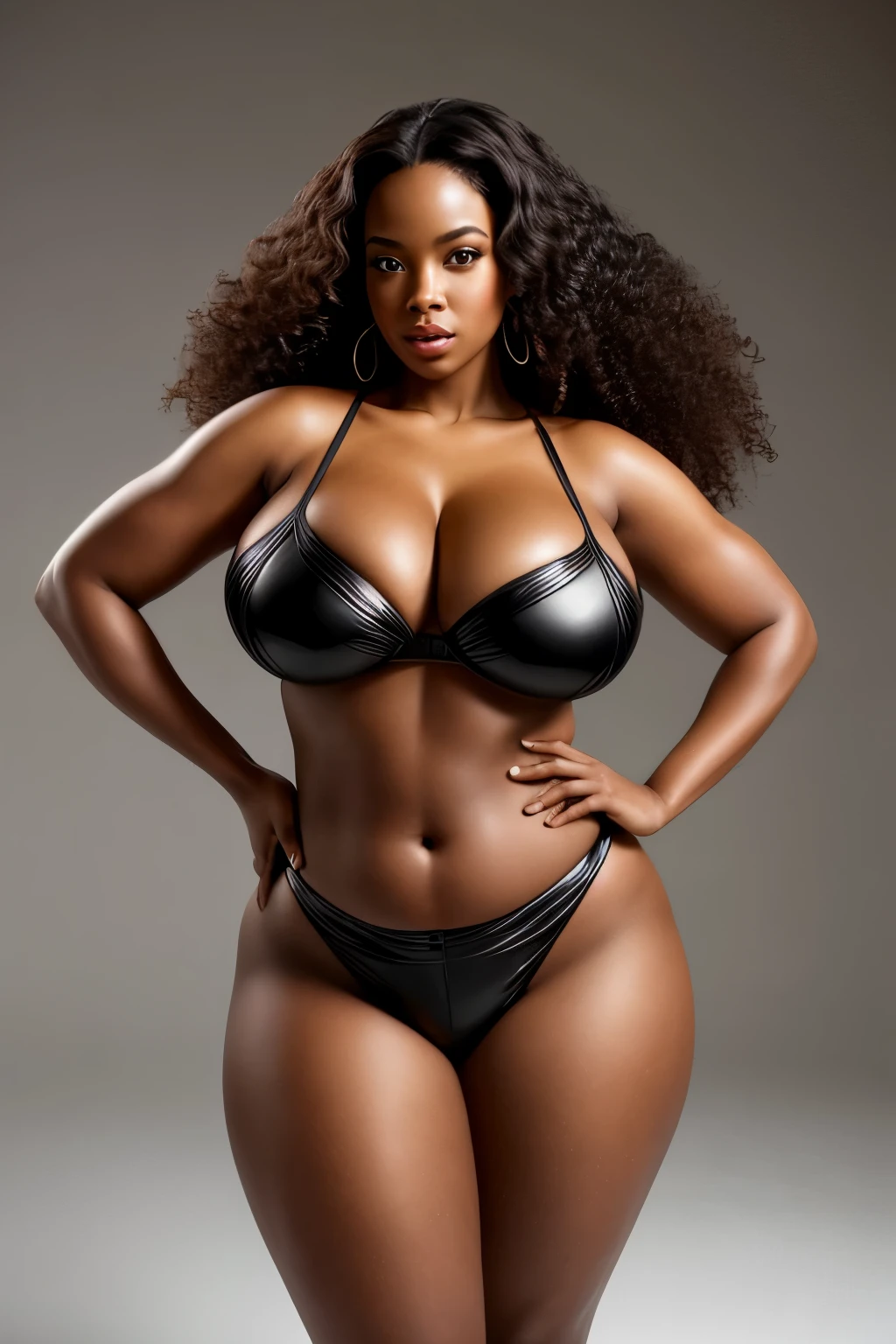 Portrait of an extraordinary woman, curvy goddess, dark-skinned, long, voluminous hair cascading down her back, with an impossibly small waistline that accentuates her well-defined abs. Her lower body embodies the fusion of Christina Hendricks and Claudia Alende, boasting massively immense hip measurements and the world's largest buttocks. The circumference of her lower extremities exceeds 80 inches, creating a voluptuous, feminine figure that demands attention.

This masterpiece, in the style of Mike Campau, Iris Van Herpen, and Howard Schatz, is hyper-realistic and reductionist in form, showcasing