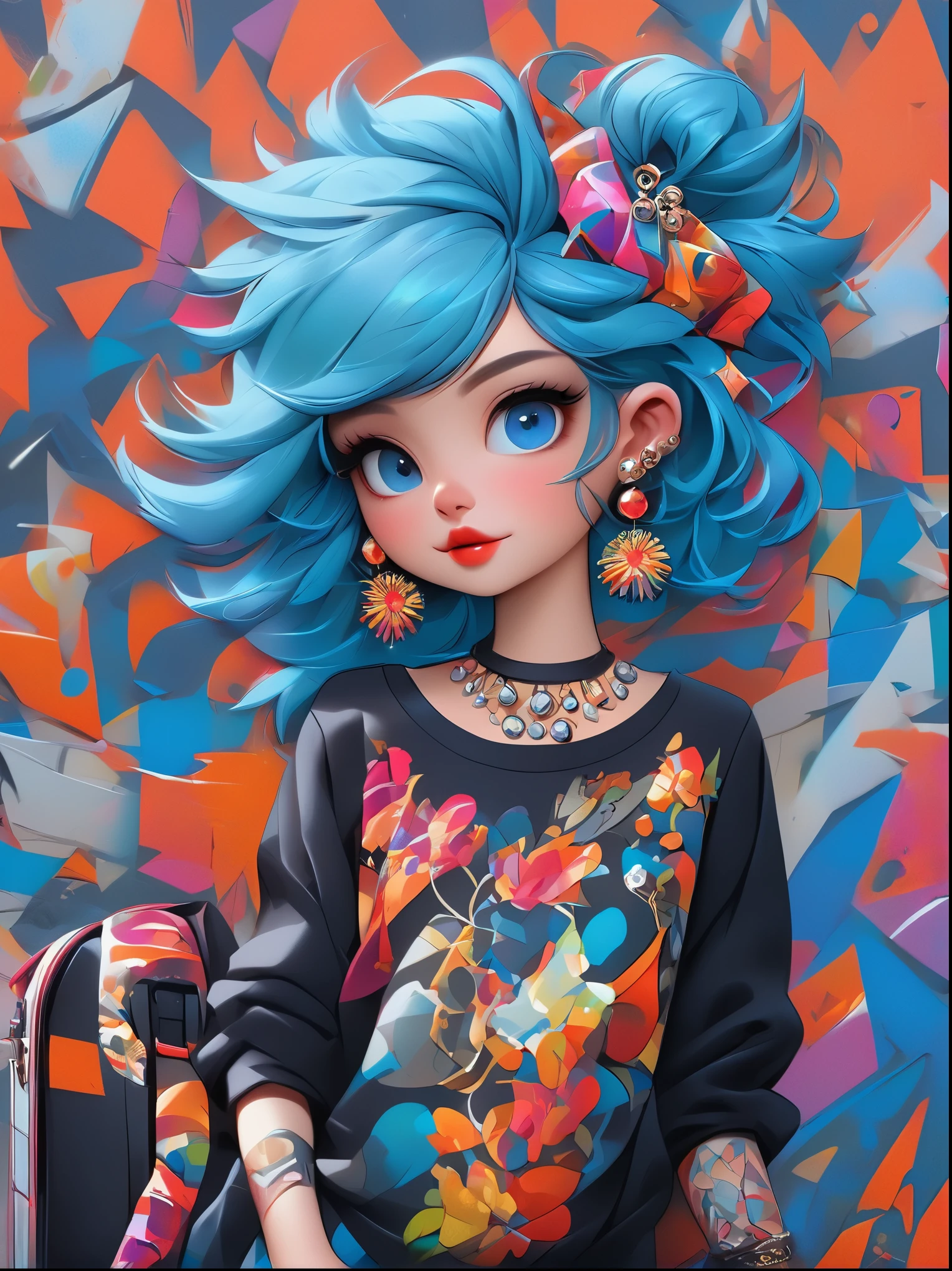 (Vision:1.3)，(whole body:1.8)，A cartoon doodle character，Vector illustration，1 female, Solitary, Black Hair, Hair accessories, Long ears and short hair, Long sleeve, Handheld, Jewelry, Lips, cosmetic, Heavy makeup, Eyeshadow, red Lips, Eyeliner, Semi-realistic, high resolution, absurd, 复杂的detail:1.3, Super detailed, Super detailed, detail, Artstation Trends, Award-winning makeup, Dynamic angle, 最高detail, Blue Hair, Porphyra, 龙Hair accessories, (Forehead Gem:1.5), Colored contact lenses, Crystal Earrings, cigarette, Work, Dazzling colors, Stunning visuals, otherworldly appearance, captivating art, illustration, First-person perspective, ((masterpiece)), best quality, masterpiece, best quality, best quality, Anatomically correct, Textured Skin, Standing in front of a graffiti style background，Adds whimsy to the scene