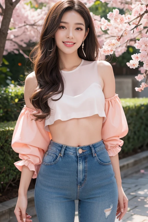 highest quality、4K、Perfect Face、Perfect Style、Sunburn、beautiful、stylish appeal、Mature、long curly layer brown hair、Swept-back hair、full body、pierce、pink eyeshadow, peach lip gloss, highlighter, mascara, light foundation、beautiful abs、beautiful legs、jeans、cherrybrossoms、sakura、giddy-smile、with kitty、