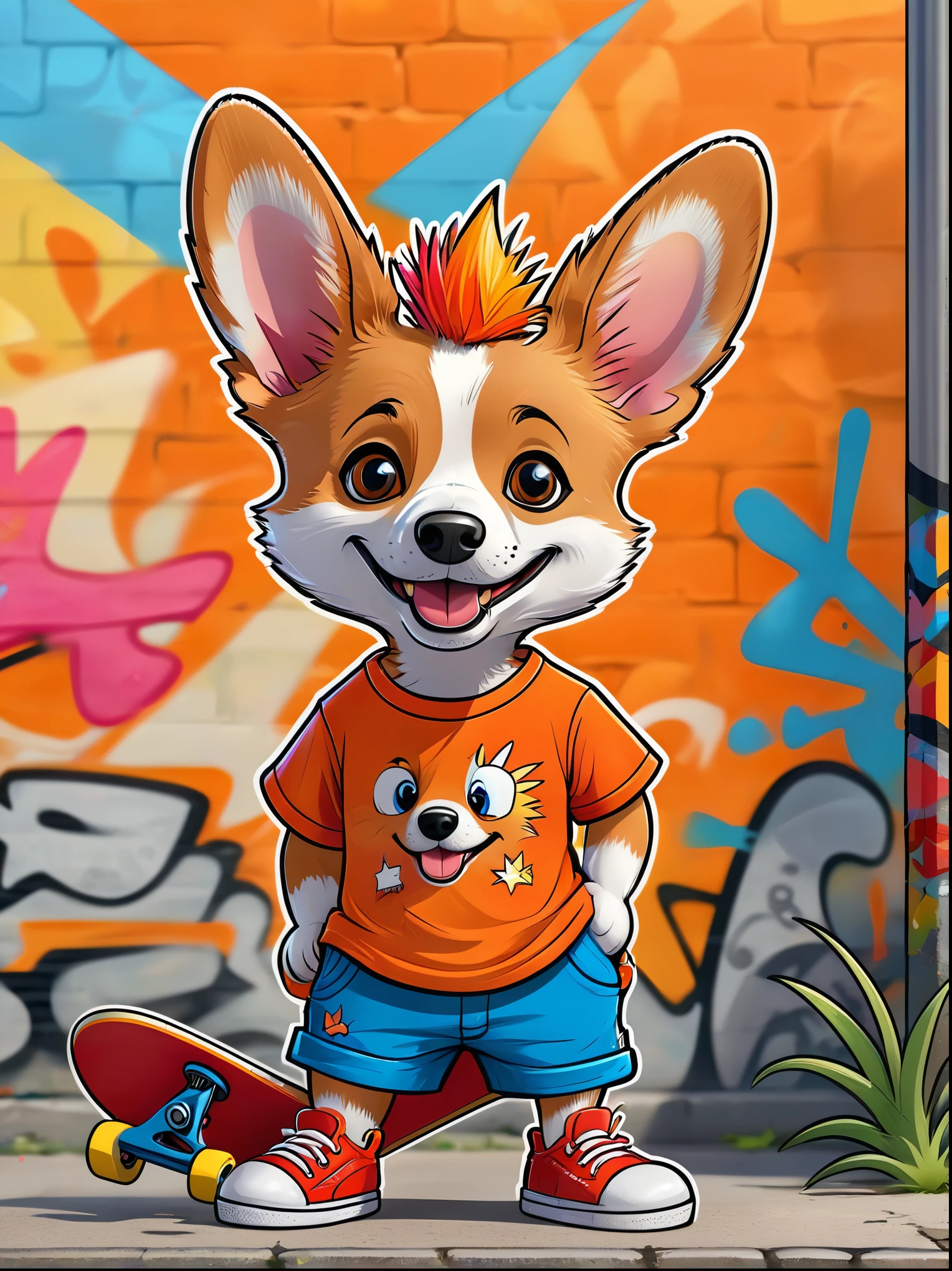 A cartoon doodle anthropomorphic animal，Vector illustration，A cute little corgi，With spiky, brightly colored hair，Unique and wild style，Wearing orange T-shirt，Blue shorts and red shoes, Often with a mischievous smile，And stir up trouble in the nameless town, Known for his skateboarding skills and nonchalant attitude, Standing in front of a graffiti style background，Adds whimsy to the scene