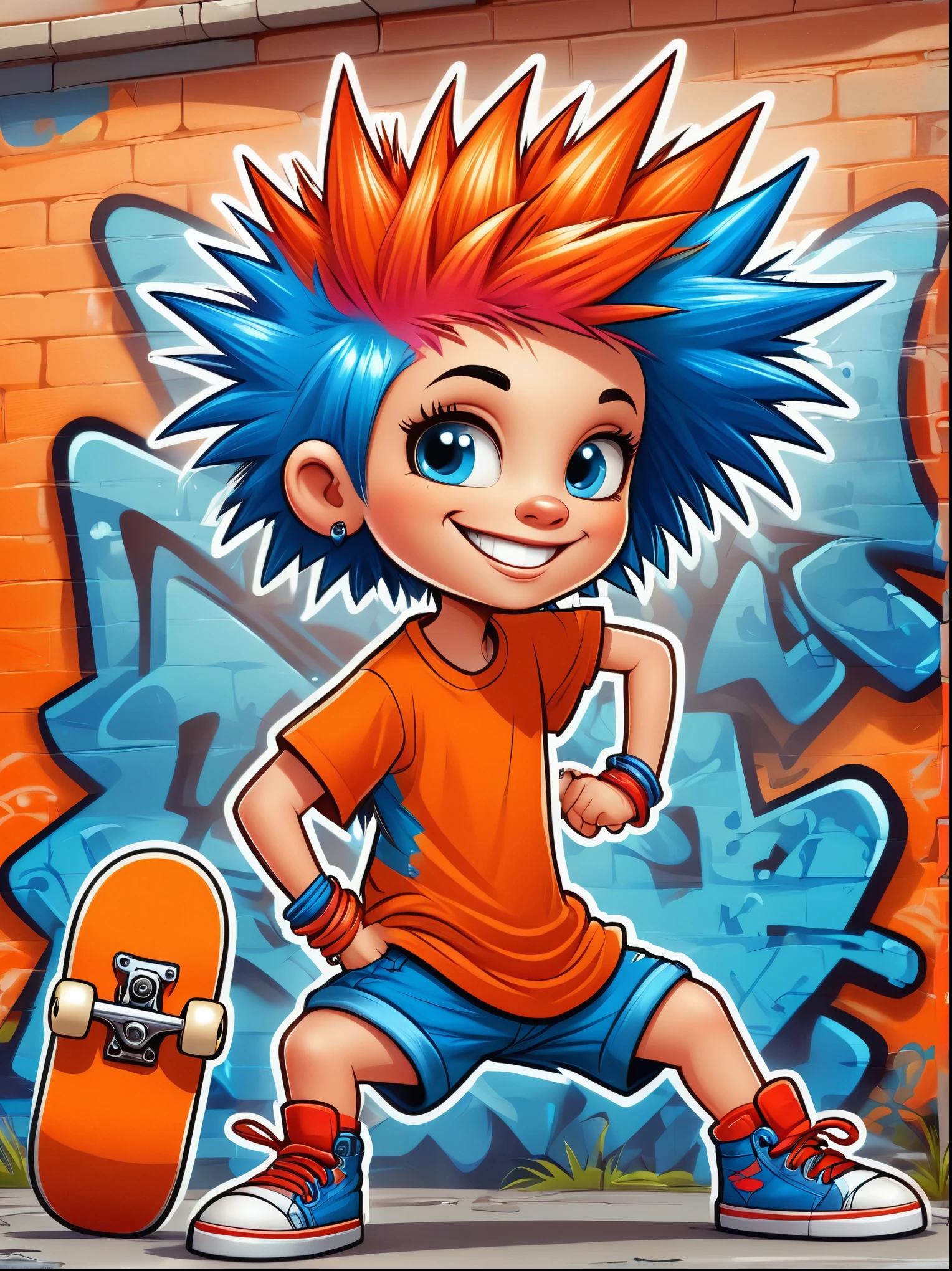 A cartoon doodle character，Vector illustration，A sweet and lovely little girl，With spiky, brightly colored hair，Unique and wild style，Wearing orange T-shirt，Blue shorts and red shoes, She often has a mischievous smile，And stir up trouble in the nameless town, She was known for her skateboarding skills and nonchalant attitude, Standing in front of a graffiti style background，Adds whimsy to the scene