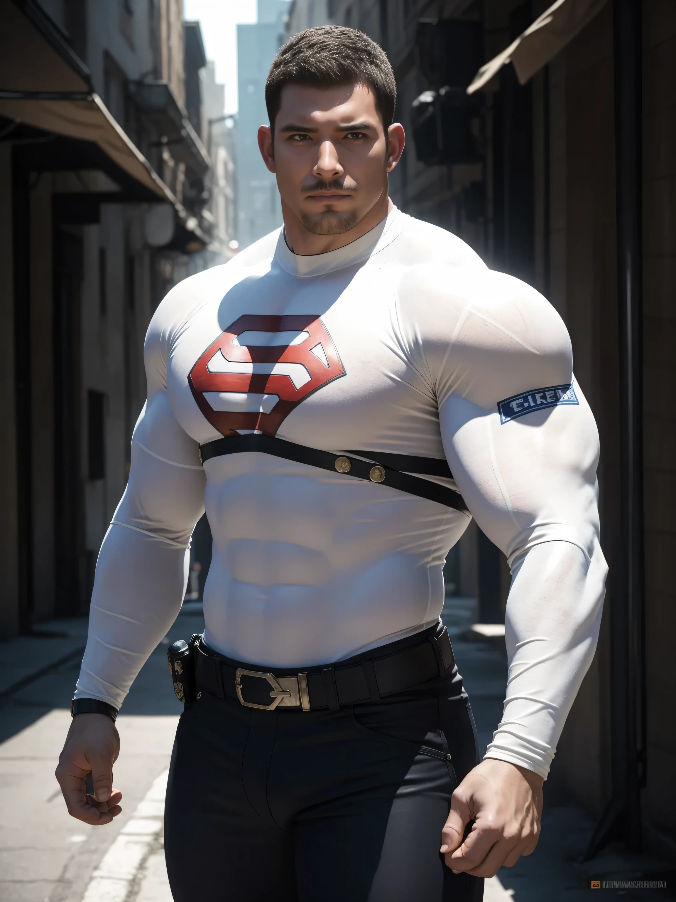 Angry super muscular man,  Buzz Cut，On the old-style outdoor street under the hot sun, Wear a long-sleeved cream superhero bodysuit, Thickened warm elastic texture，Clothes are very dirty with mud stains，The expression is arrogant, Thick thighs, Messy hair, Thick thighs, High collar, long sleeve, cream white superhero bodysuit, very tight, Regular symmetrical pattern, Highlight muscles, Police uniform pants, character concept（Resident Evil - Chris Redfield, Chris Redfield）A proud expression, Deep and charming eyes, Heroic male pose, tall Burly, muscular！muscular thighs, tough guy, perfect facial features, High, Burly, Heqiang, Super polished and cool, High Resolution Committee, Charismatic, The sun is blazing, dazzling