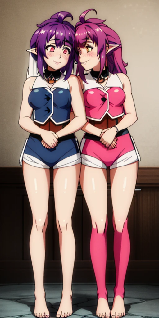 Body position: Standing, straight, symmetrical, barefoot, Lustful smile on face with red blush, 2 girls who gets married and stands in front of many people, kissing