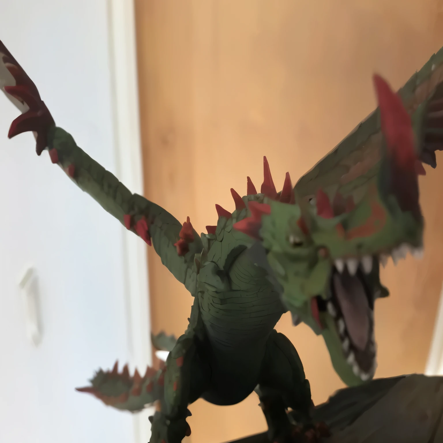 There is a toy dragon on the table, Carved Dragon Features, Dragon in the background, Shot with Sony A7R camera, Close up high detail, close - up on detailed, Very elaborate toy, Extremely close up shot, detailed close up shot, Sharp details, Scarred Dragon, massive green dragon!!!
