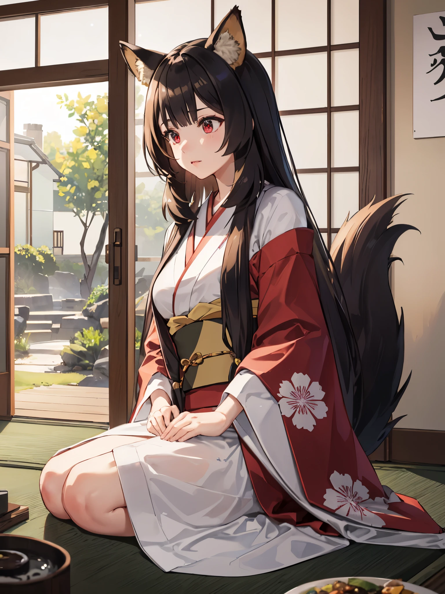 (Best quality), (extremely detailed CG Unity 8k wallpaper), (very detailed), ((absurdity)), Detailed beautiful eyes,
Raphtalia, Red eyes, black hair, fox tail, fox ears, 1 girl, Wearing kimono, red kimono, big breast,Sit facing right,camera angle from the side, photo from the side, looking away, looking away,at night, Japanese house