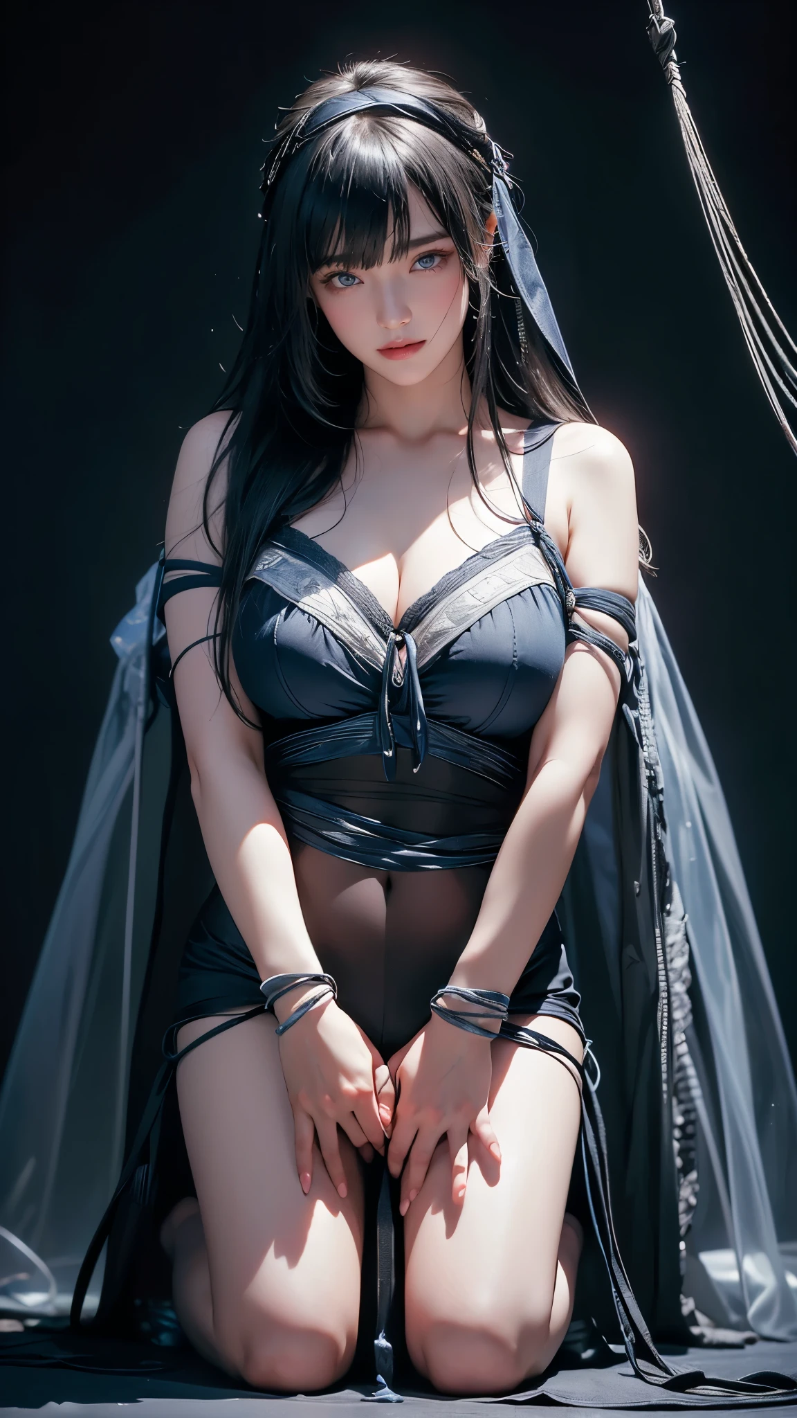masterpiece, highest quality, Super detailed, Facing the camera, 複雑に詳細なSuper detailed, Realistic, Sharp features, Very detailed, Sharp focus, Perfect Face, Perfect symmetrical perfect eyes, Perfect Plump Lips, Flexible female form, Cinematic, Film Light, Super detailed, hyper Realistic, masterpiece, Atmospheric, High resolution, Vibrant, Dynamic Studio Lighting, ((Dark Background)), The expression when enduring pleasure, Straight bangs, blue eyes,Sexually aroused expression、Her black thong shorts are visible through the fabric、(((Hanging with hands tied above head、Kneeling)))