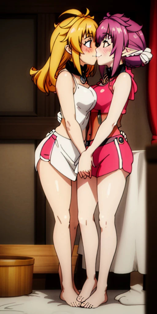Body position: Standing, straight, symmetrical, barefoot, Lustful smile on face with red blush, 2 girls who gets married and stands in front of many people, kissing