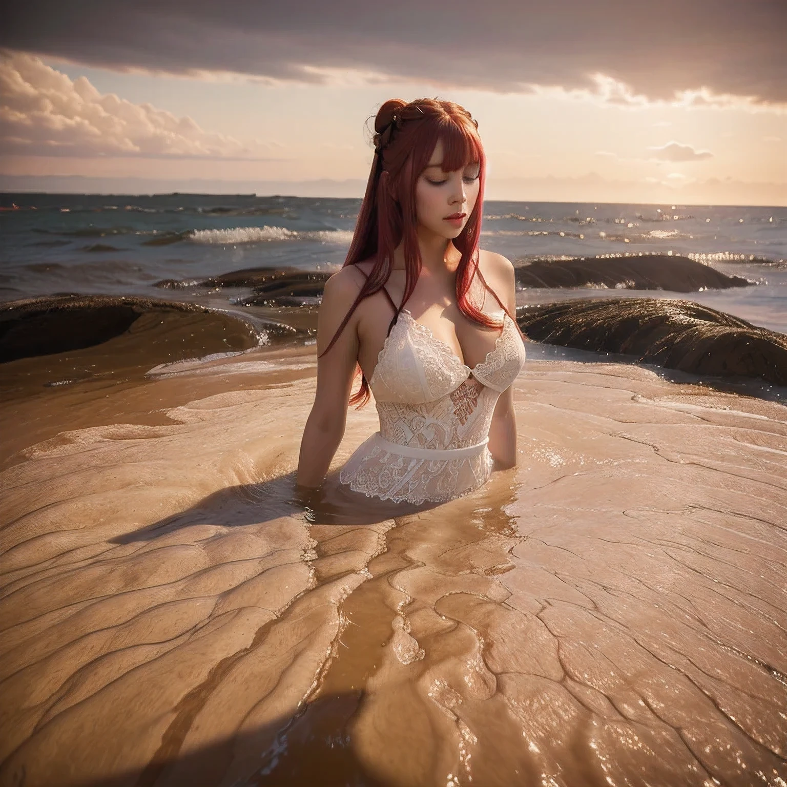 (White Lace abyss)
1girl
bangs
White Lace shoulders
breasts
cleavage
cleavage cutout
closed eyes
crescent
crescent facial mark
double bun
White Lace dress
facial mark
facing viewer
forehead mark
White Lace
long hair
medium breasts
parted bangs
partially submerged
pink hair
red hair
solo
very long hair
wading
water